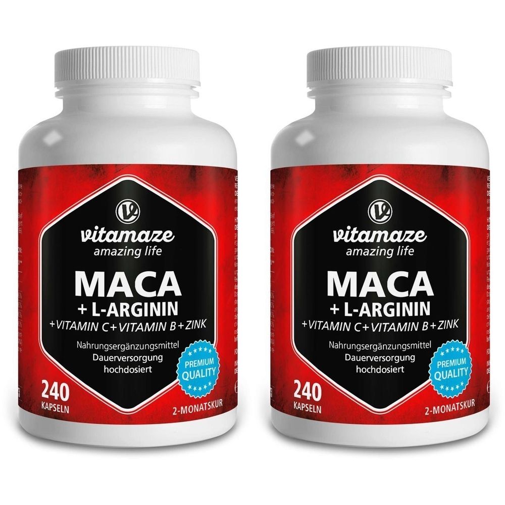 Deux flacons blancs avec étiquette rouge. Inscription : vitamaze, MACA + L-Arginine, Vitamine C, B, Zinc. 240 gélules, Premium Quality.