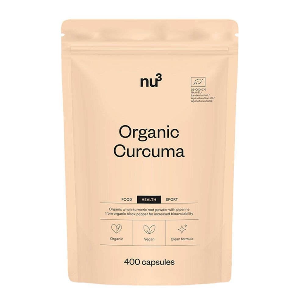 Sachet beige avec logo « nu3 » et inscription « Organic Curcuma ». Contient 400 gélules. Label bio.