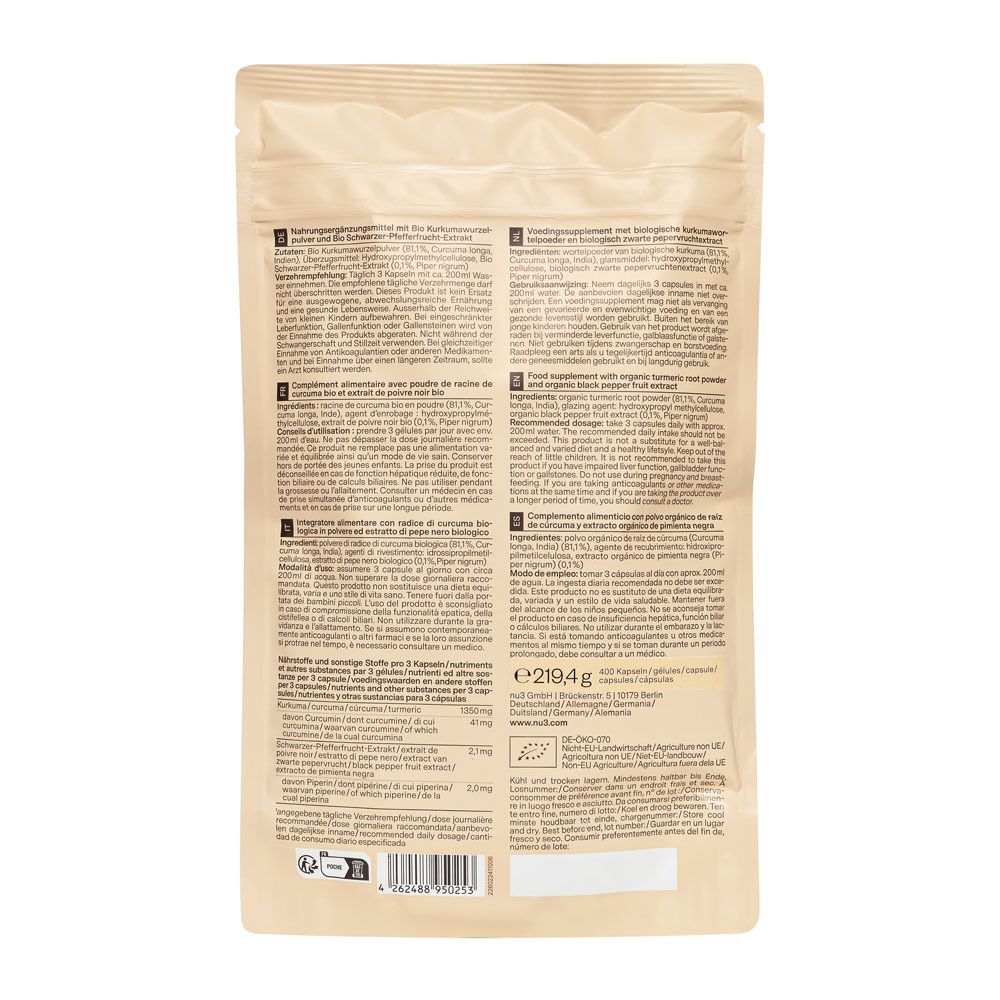 Dos du sachet beige avec texte en plusieurs langues. Contient des informations sur le produit.