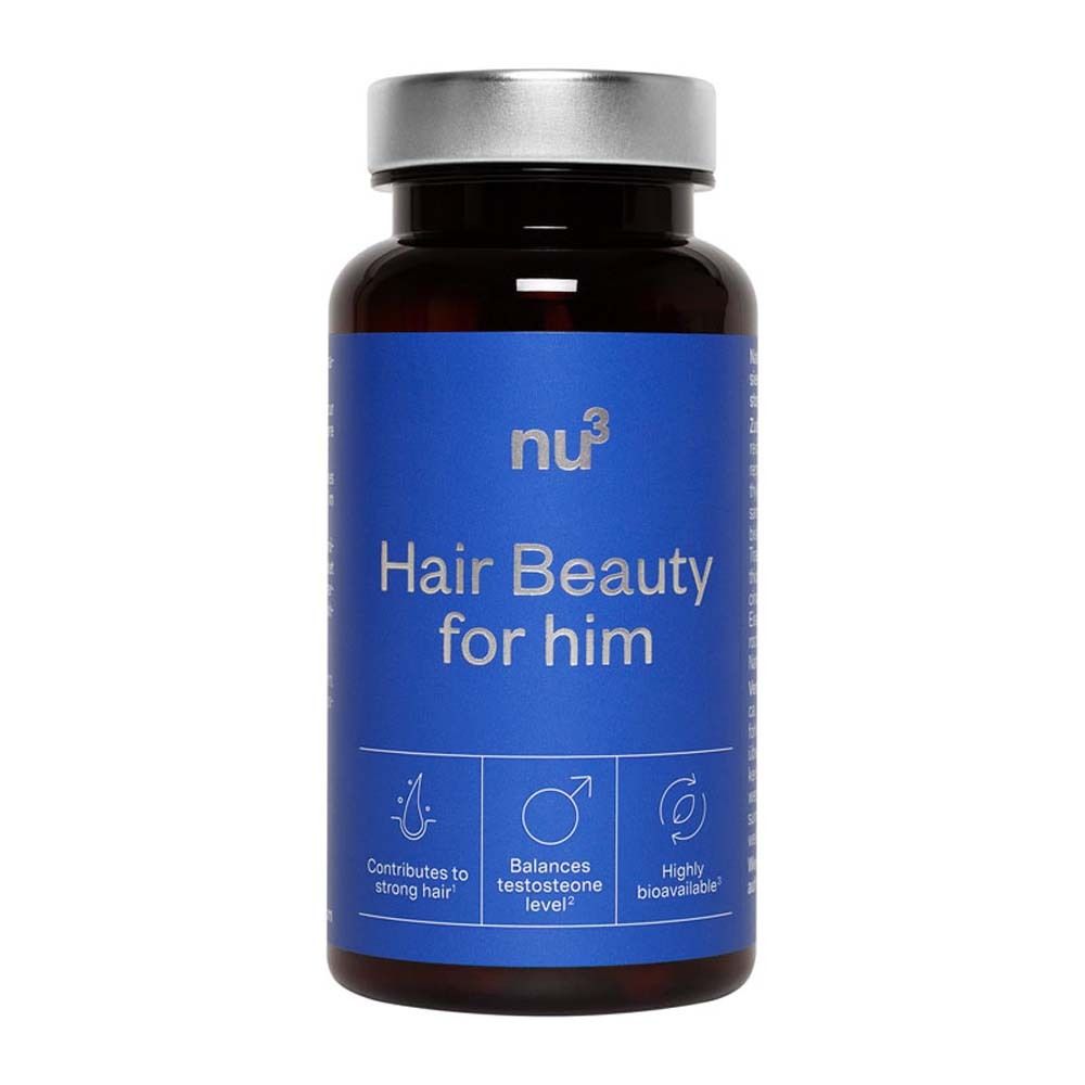 Flacon marron avec couvercle argenté et inscription bleue : Hair Beauty for him. Gélules.