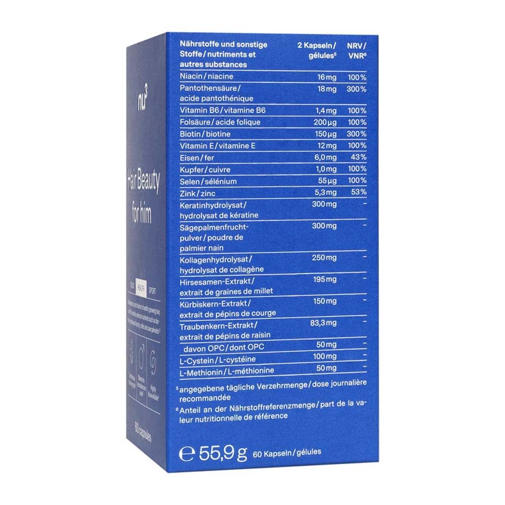 Dos de la boîte bleue avec liste des ingrédients et tableau nutritionnel. Texte en allemand.