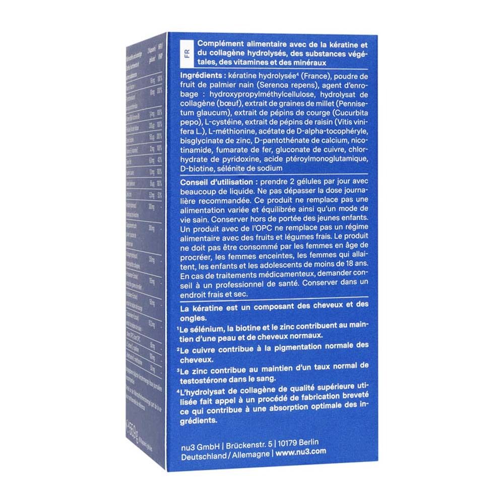 Dos de la boîte bleue avec liste des ingrédients et conseils d'utilisation. Texte en français.