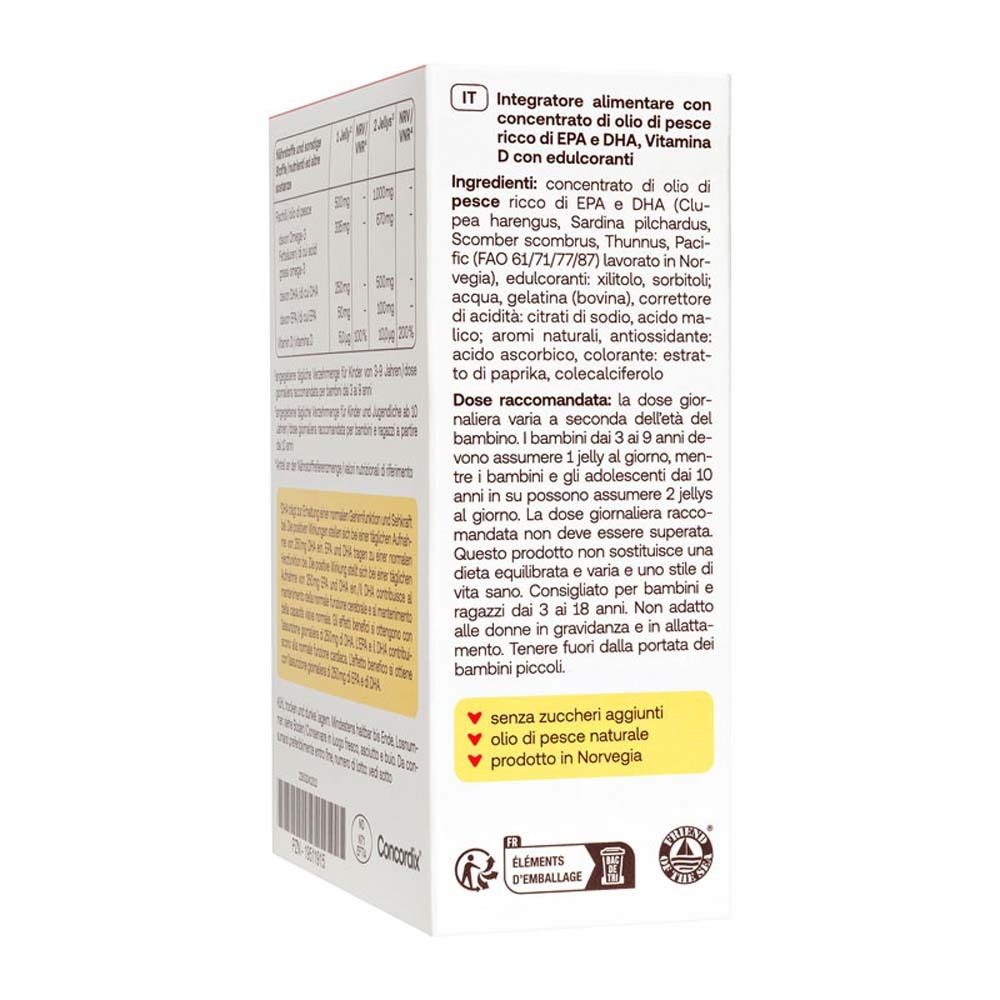 Dos de l'emballage du produit Redcare Junior Omega-3 Jellys. Contient les informations nutritionnelles et les ingrédients.