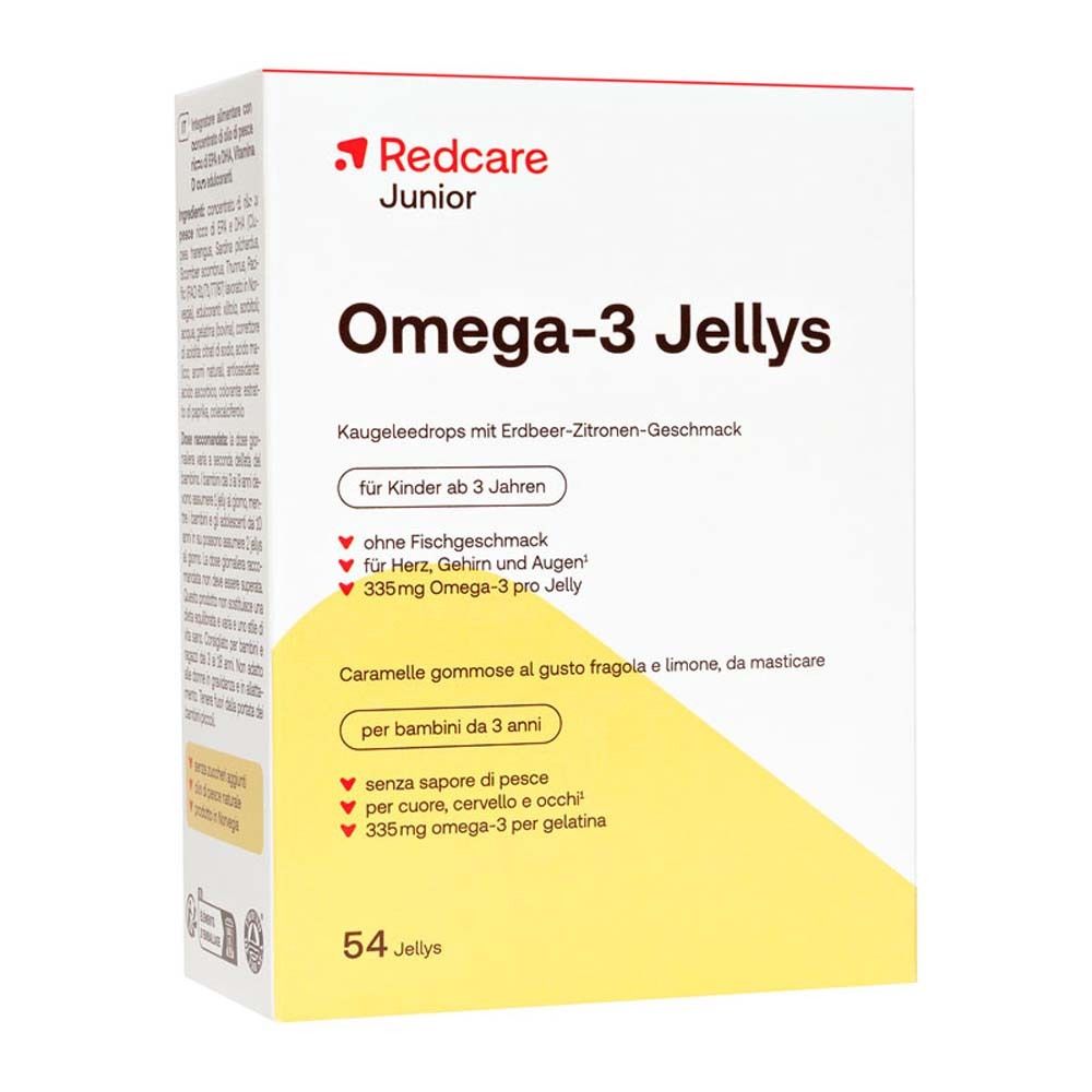 Emballage du produit Redcare Junior Omega-3 Jellys. Boîte blanche avec informations produit et accent jaune.