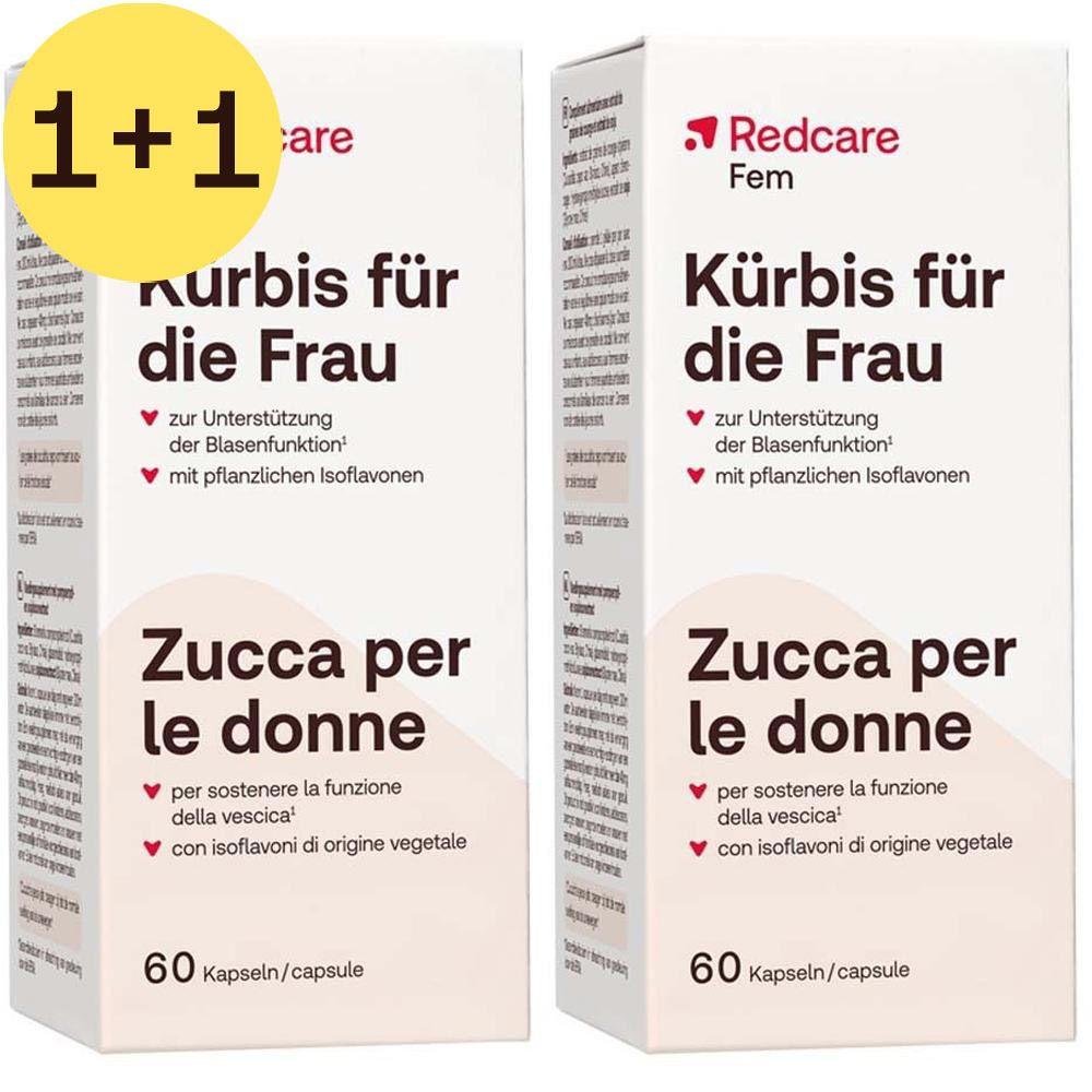 Deux boîtes de Redcare Fem Kürbis für die Frau avec autocollant 1+1. Boîtes blanches avec nom du produit et informations en allemand et italien.