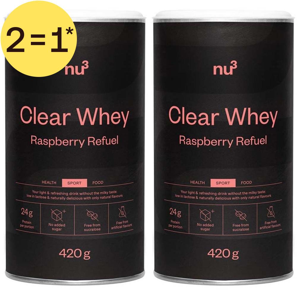 Deux boîtes de nu3 Clear Whey Raspberry Refuel, 420g. Autocollant jaune "2=1*". Chaque boîte indique 24g de protéines, sans sucres ajoutés ni arômes artificiels.