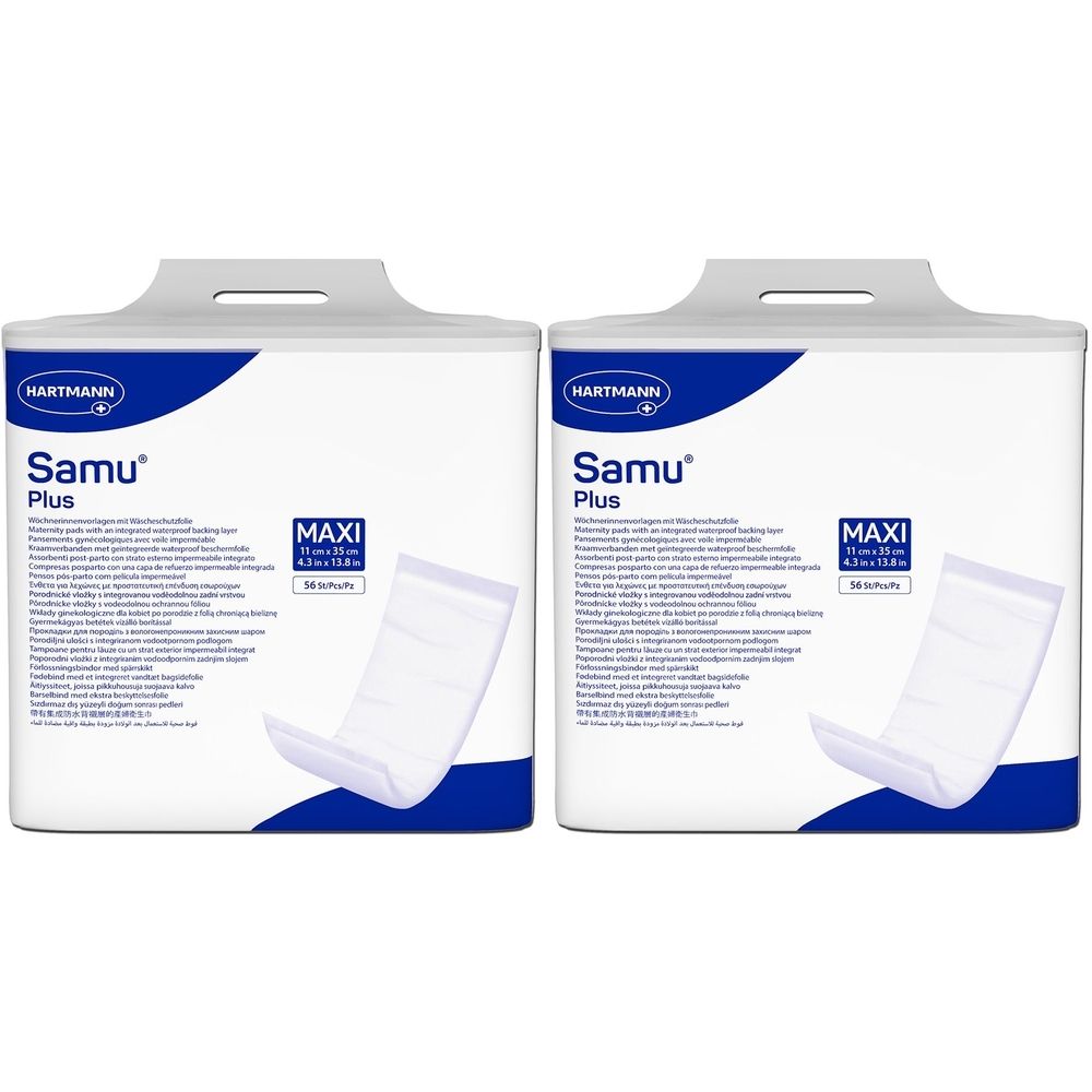Deux paquets de protections post-accouchement. Inscription : Samu Plus Maxi, 11 x 35 cm. Marque : Hartmann. Protections blanches partiellement visibles.