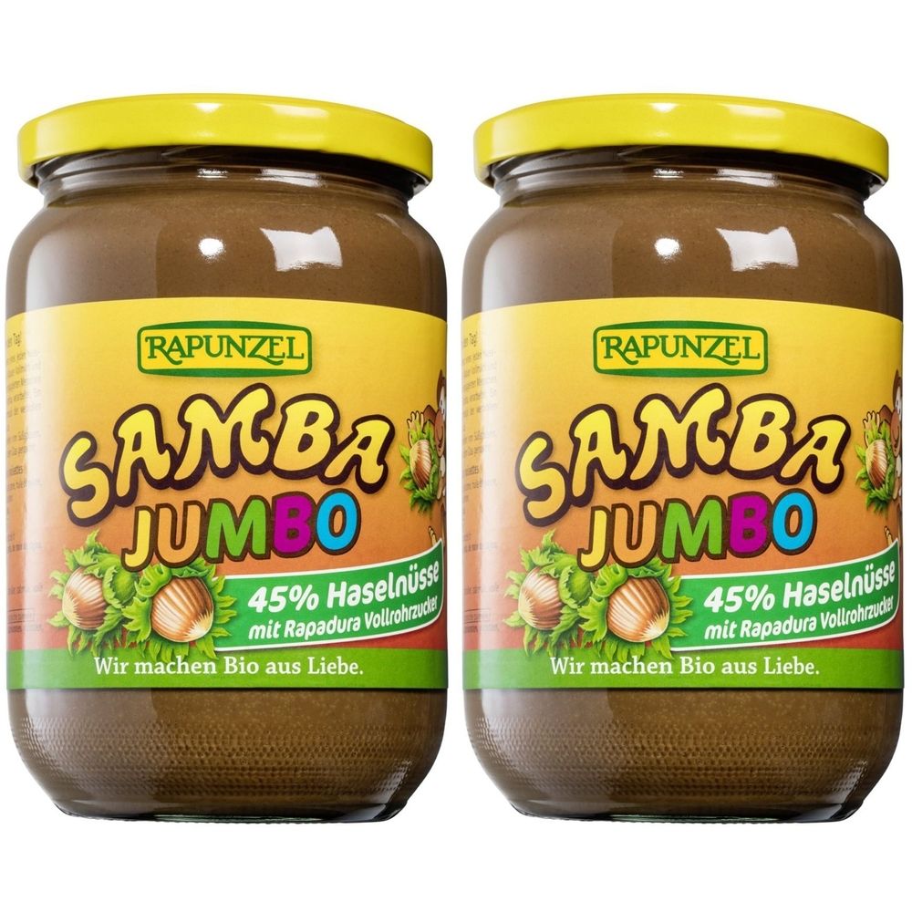 Deux pots de pâte à tartiner. Étiquettes : "RAPUNZEL SAMBA JUMBO" et "45% noisettes". Couvercles jaunes.