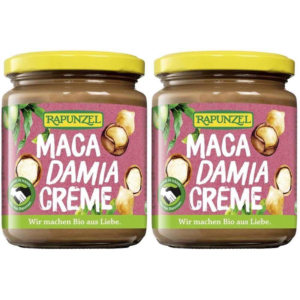 Deux pots en verre avec couvercles jaunes. Étiquette avec "RAPUNZEL MACA DAMIA CREME" et "Wir machen Bio aus Liebe".