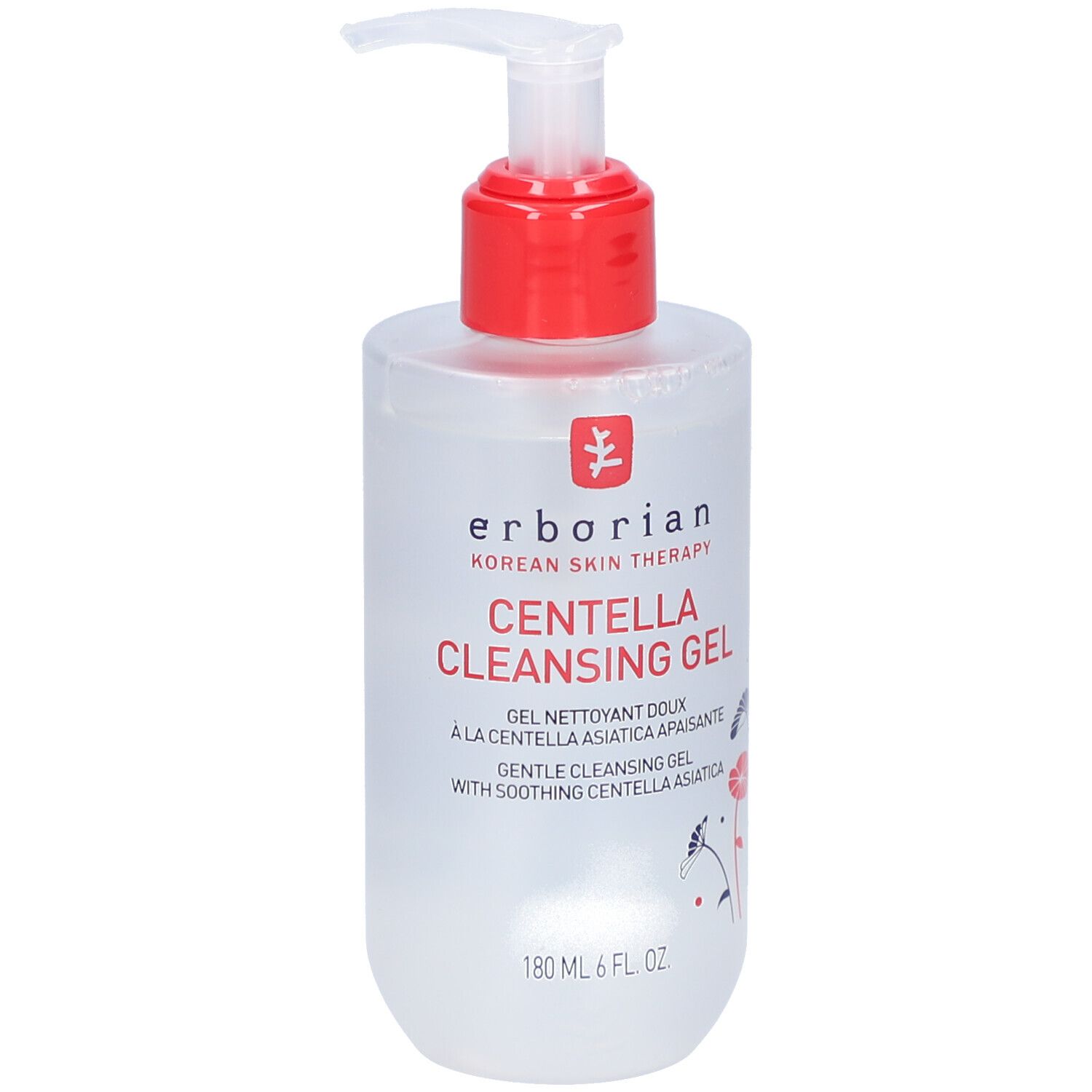 Flacon transparent avec pompe rouge. Inscription: Centella Cleansing Gel. Marque: Erborian.