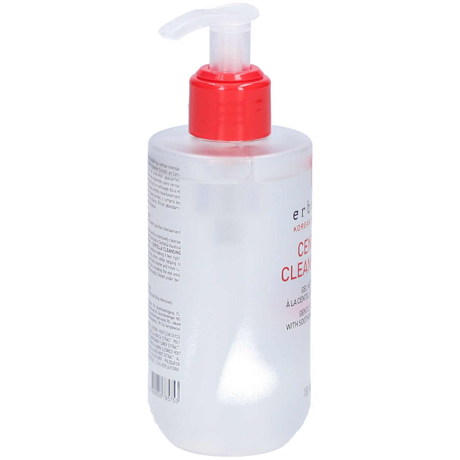 Flacon transparent avec pompe rouge. Dos avec texte. Marque: Erborian.