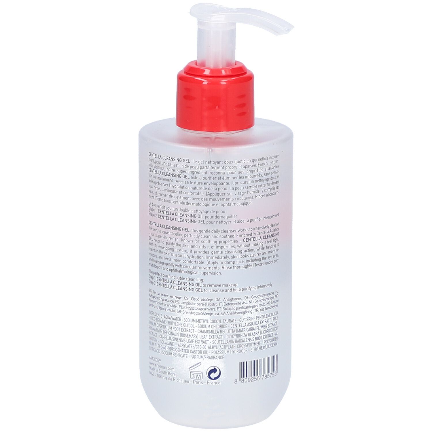 Dos d'un flacon transparent avec pompe rouge. Texte multilingue. Marque: Erborian.