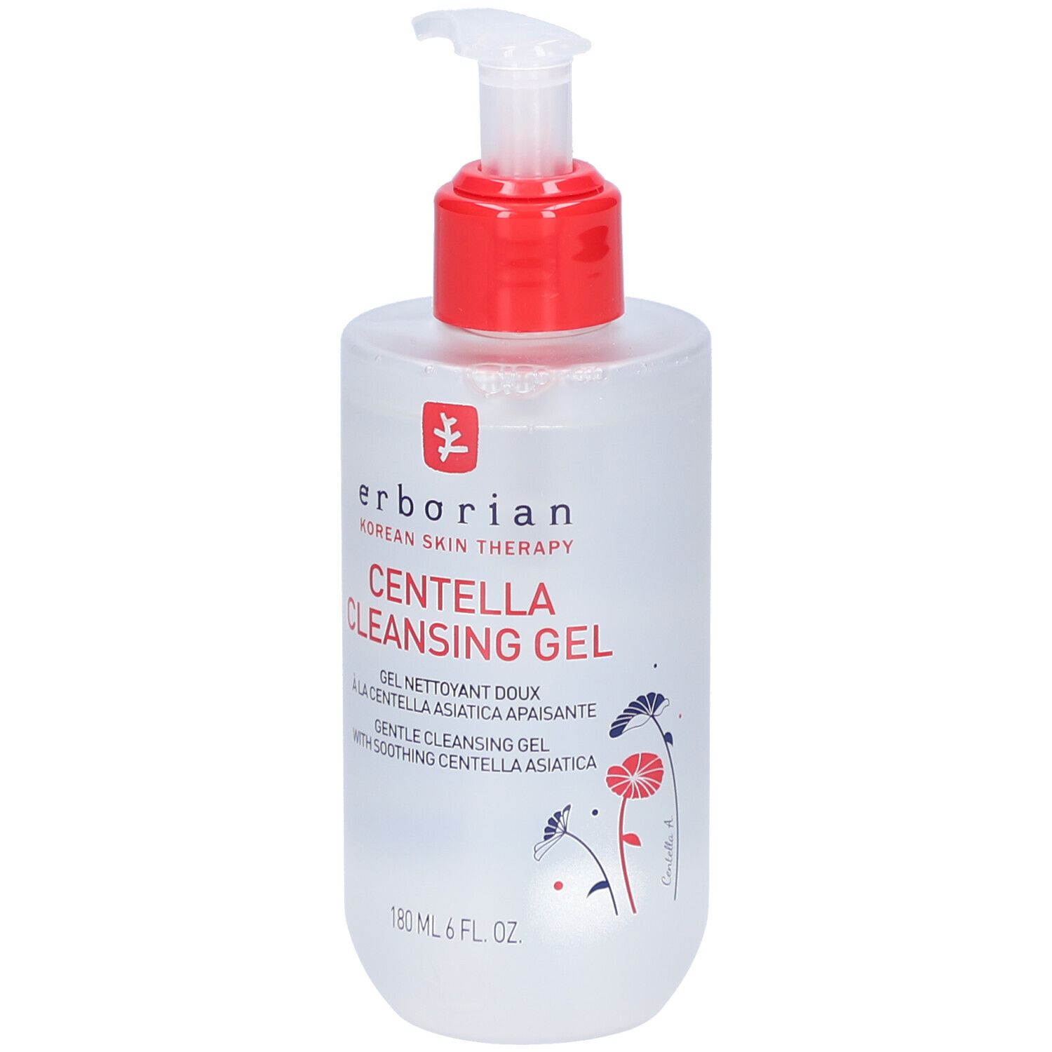 Flacon transparent avec pompe rouge. Inscription: Centella Cleansing Gel. Marque: Erborian.