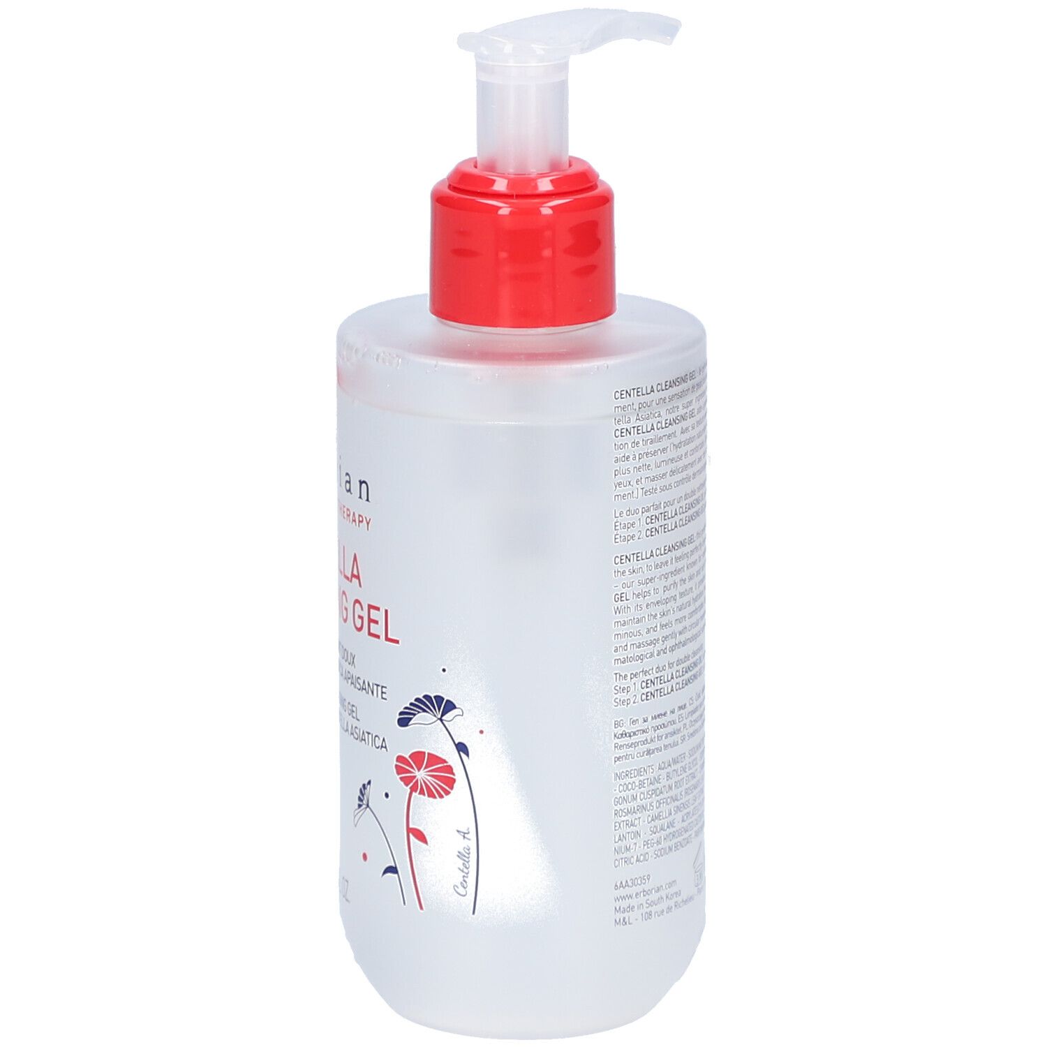 Flacon transparent avec pompe rouge. Inscription: Centella Cleansing Gel. Marque: Erborian.