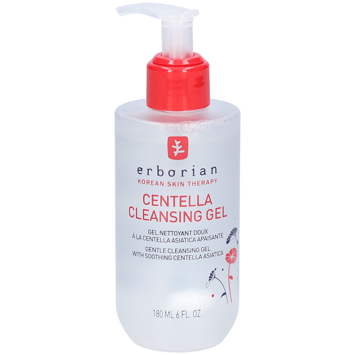 Flacon transparent avec pompe rouge. Inscription: Centella Cleansing Gel. Marque: Erborian.