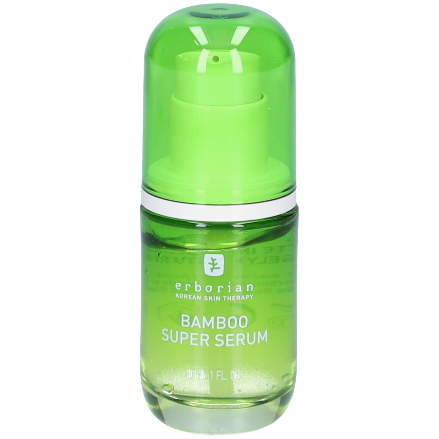 Flacon en verre vert avec bouchon vert. Inscription: erborian, Bamboo Super Serum. 30 ml.