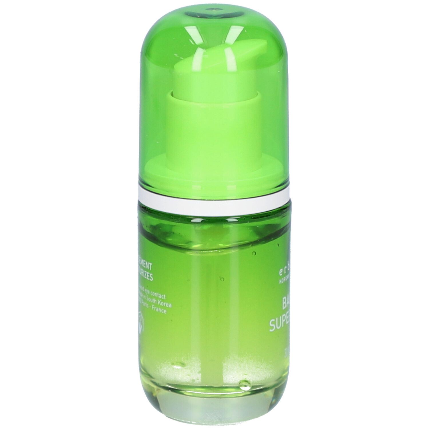 Flacon en verre vert avec bouchon vert. Inscription: erborian, Bamboo Super Serum. Texte au dos.