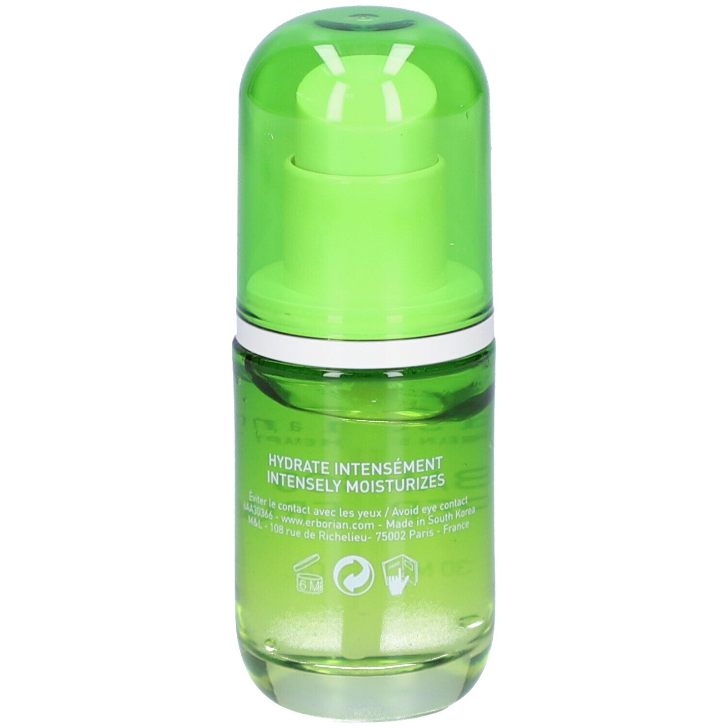 Flacon en verre vert avec bouchon vert. Inscription: erborian, Bamboo Super Serum. Texte au dos.