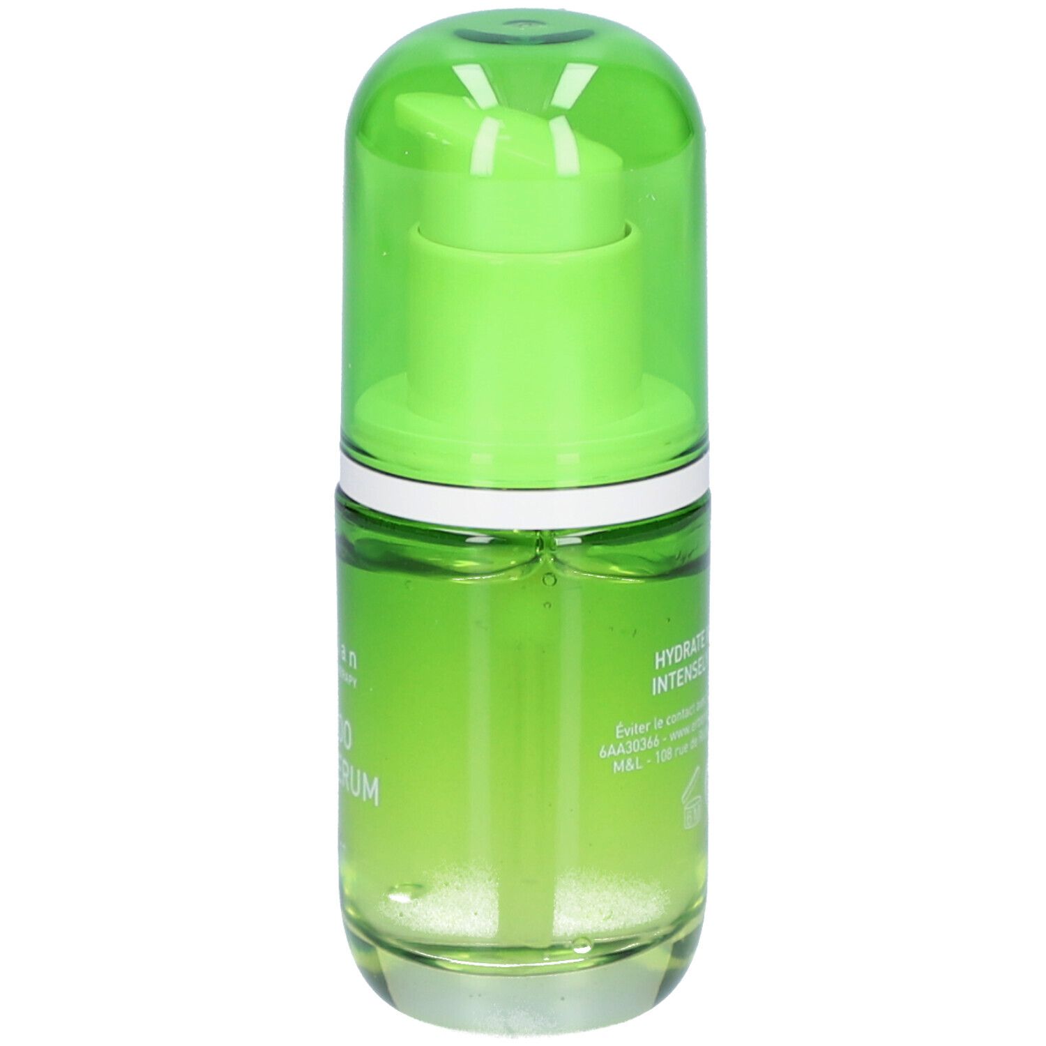 Flacon en verre vert avec bouchon vert. Inscription: erborian, Bamboo Super Serum. Texte au dos.