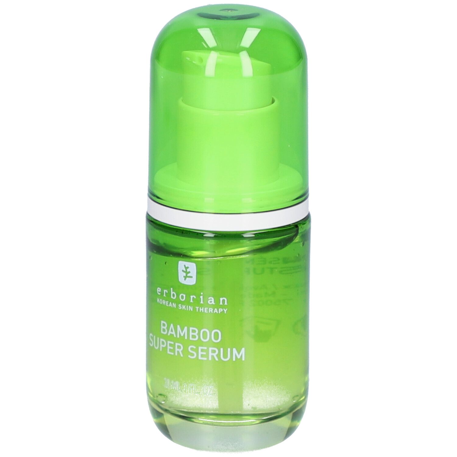 Flacon en verre vert avec bouchon vert. Inscription: erborian, Bamboo Super Serum. 30 ml.