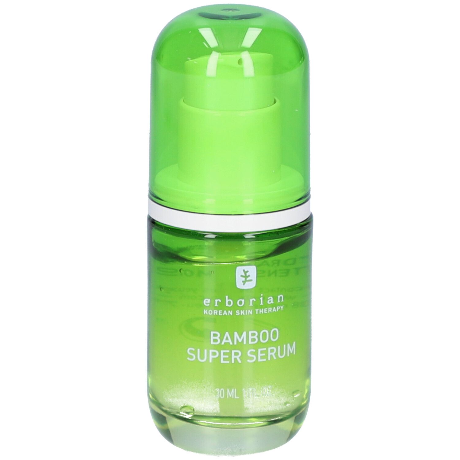 Flacon en verre vert avec bouchon vert. Inscription: erborian, Bamboo Super Serum. 30 ml.