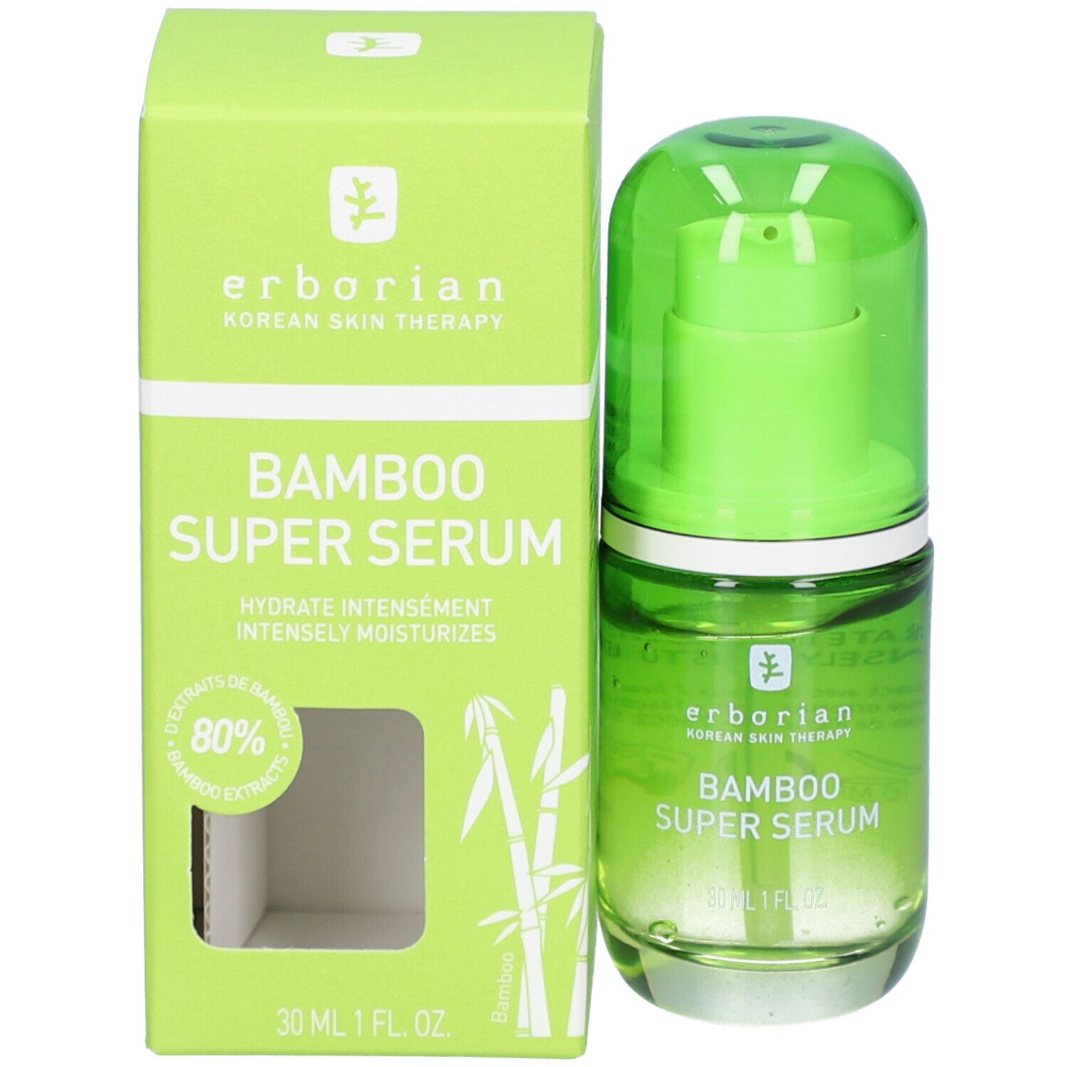 Produit et emballage. Boîte verte et flacon en verre vert. Inscription: erborian, Bamboo Super Serum. 30 ml.