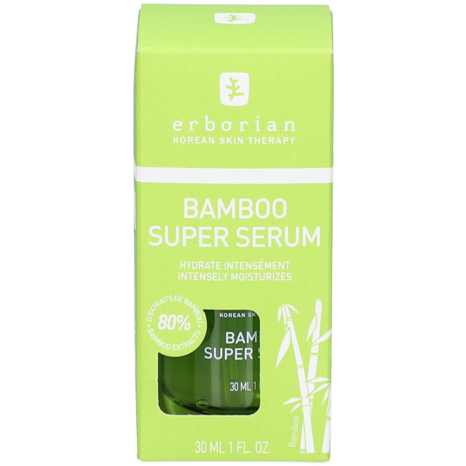 Boîte verte avec produit. Inscription: erborian, Bamboo Super Serum. 30 ml. Illustration de bambou.