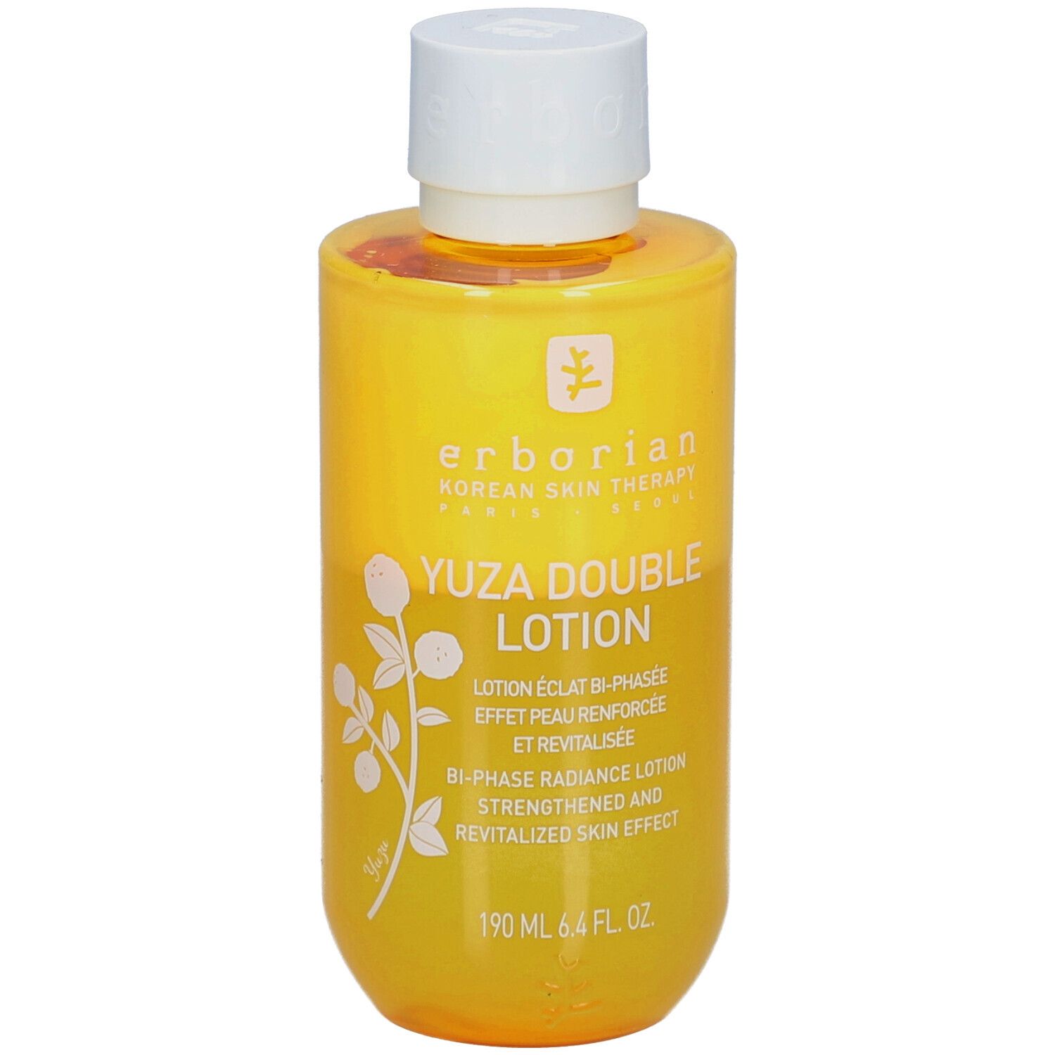 Flacon jaune avec bouchon blanc. Inscription: Yuza Double Lotion. 190 ml.