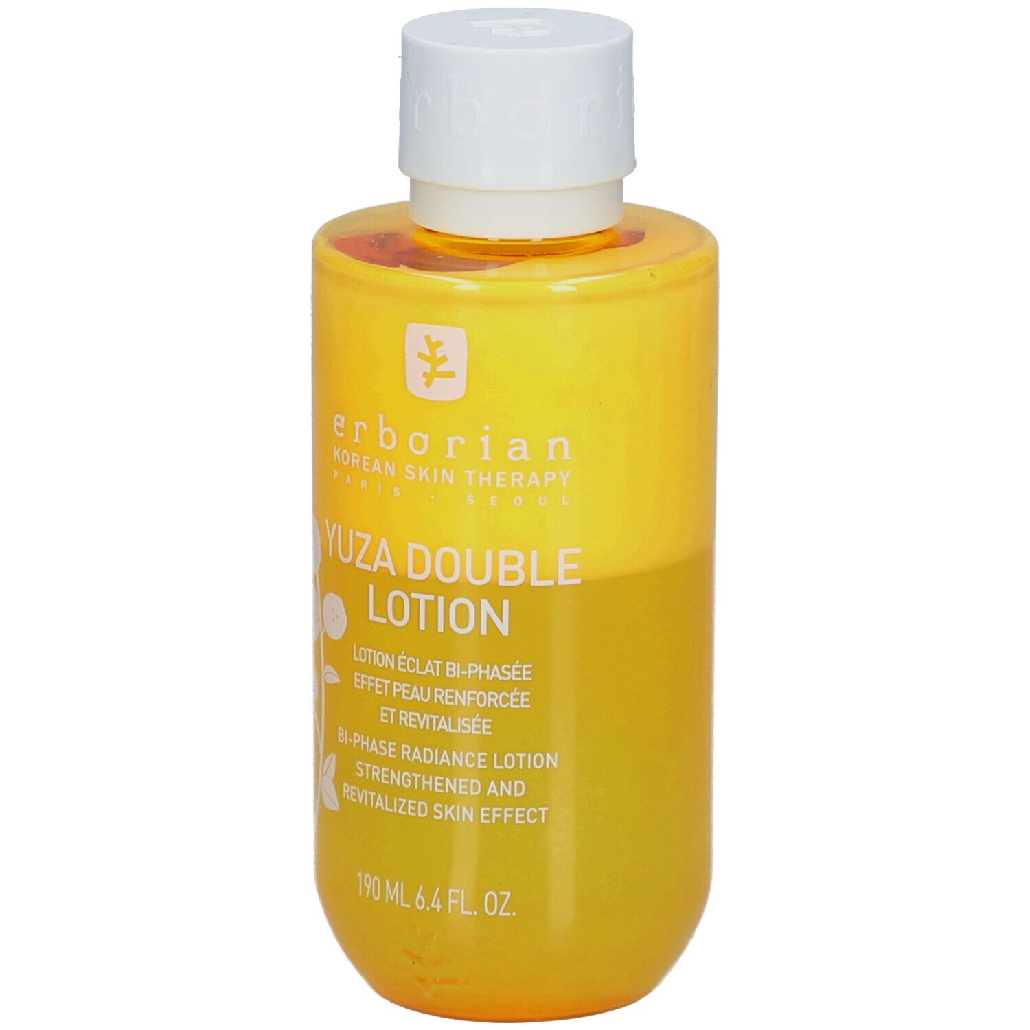 Flacon jaune avec bouchon blanc. Inscription: Yuza Double Lotion. 190 ml.