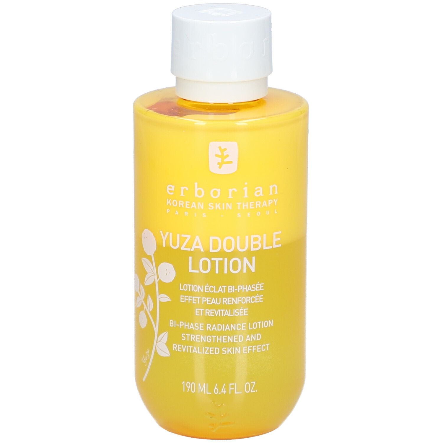 Flacon jaune avec bouchon blanc. Inscription: Yuza Double Lotion. 190 ml.