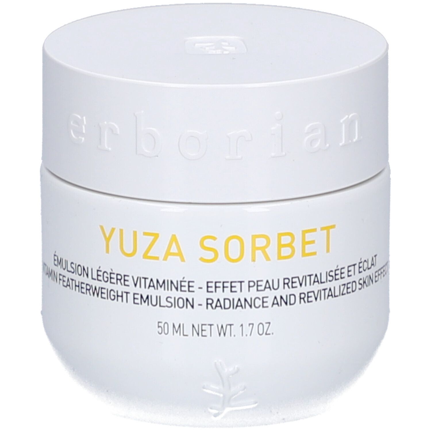 Pot blanc avec couvercle. Inscription: YUZA SORBET, 50 ml. Marque: Erborian.