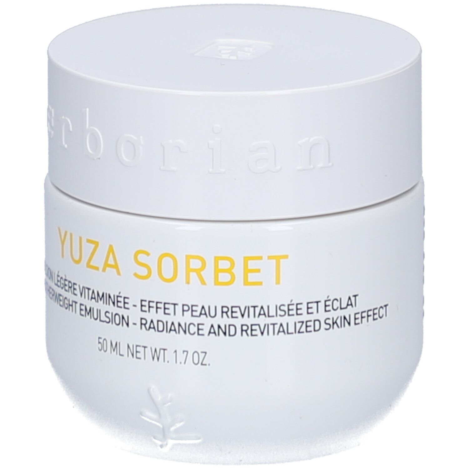 Pot blanc avec couvercle. Inscription: YUZA SORBET, 50 ml. Marque: Erborian.