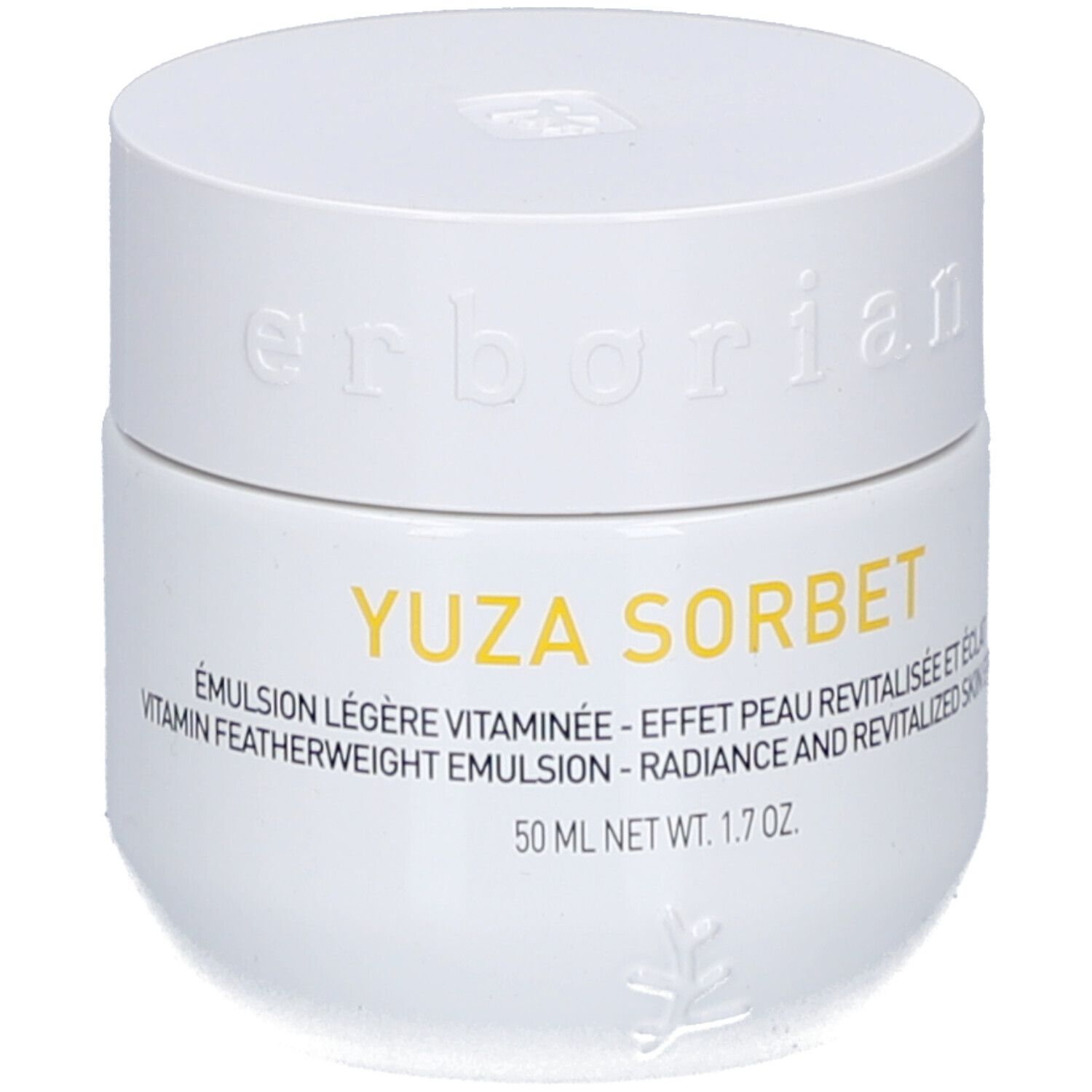 Pot blanc avec couvercle. Inscription: YUZA SORBET, 50 ml. Marque: Erborian.