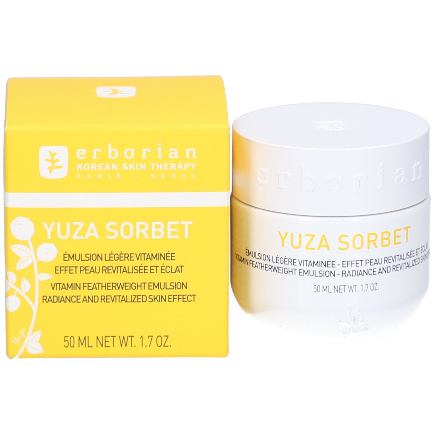 Emballage et pot du produit. Inscription: YUZA SORBET, 50 ml. Marque: Erborian.