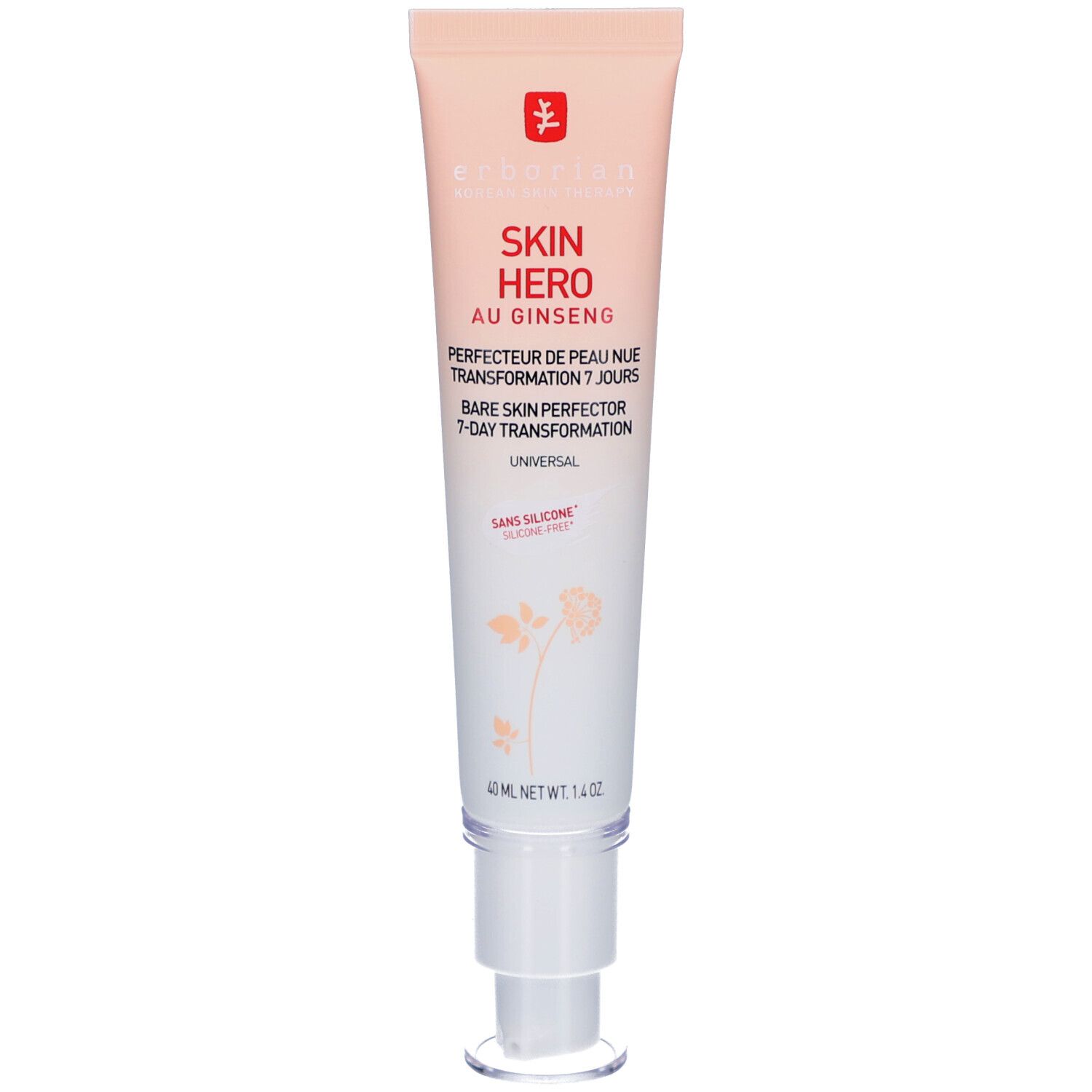 Tube de crème Skin Hero Au Ginseng. Dégradé pêche et blanc. Avec pompe doseuse.