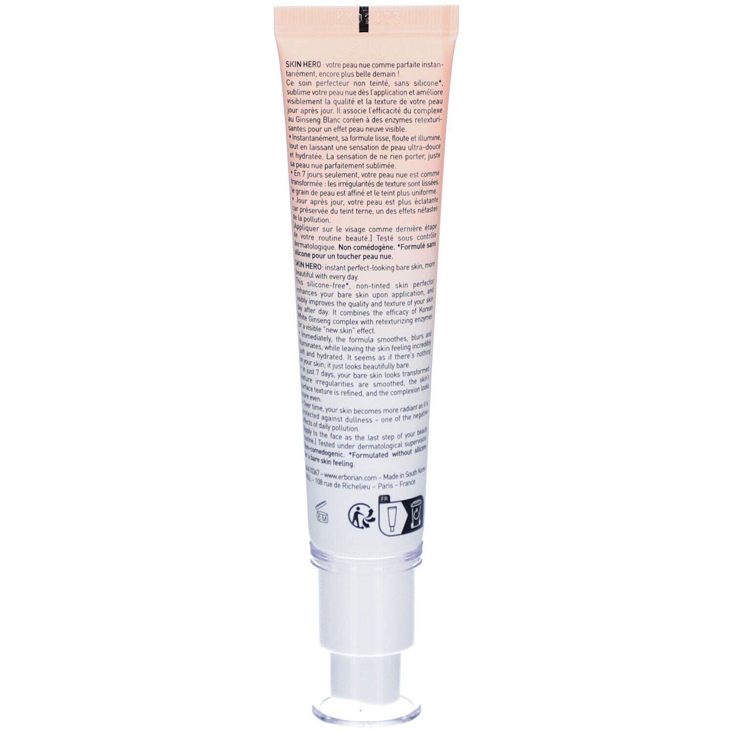 Dos du tube de crème Skin Hero. Texte multilingue. Avec pompe doseuse.