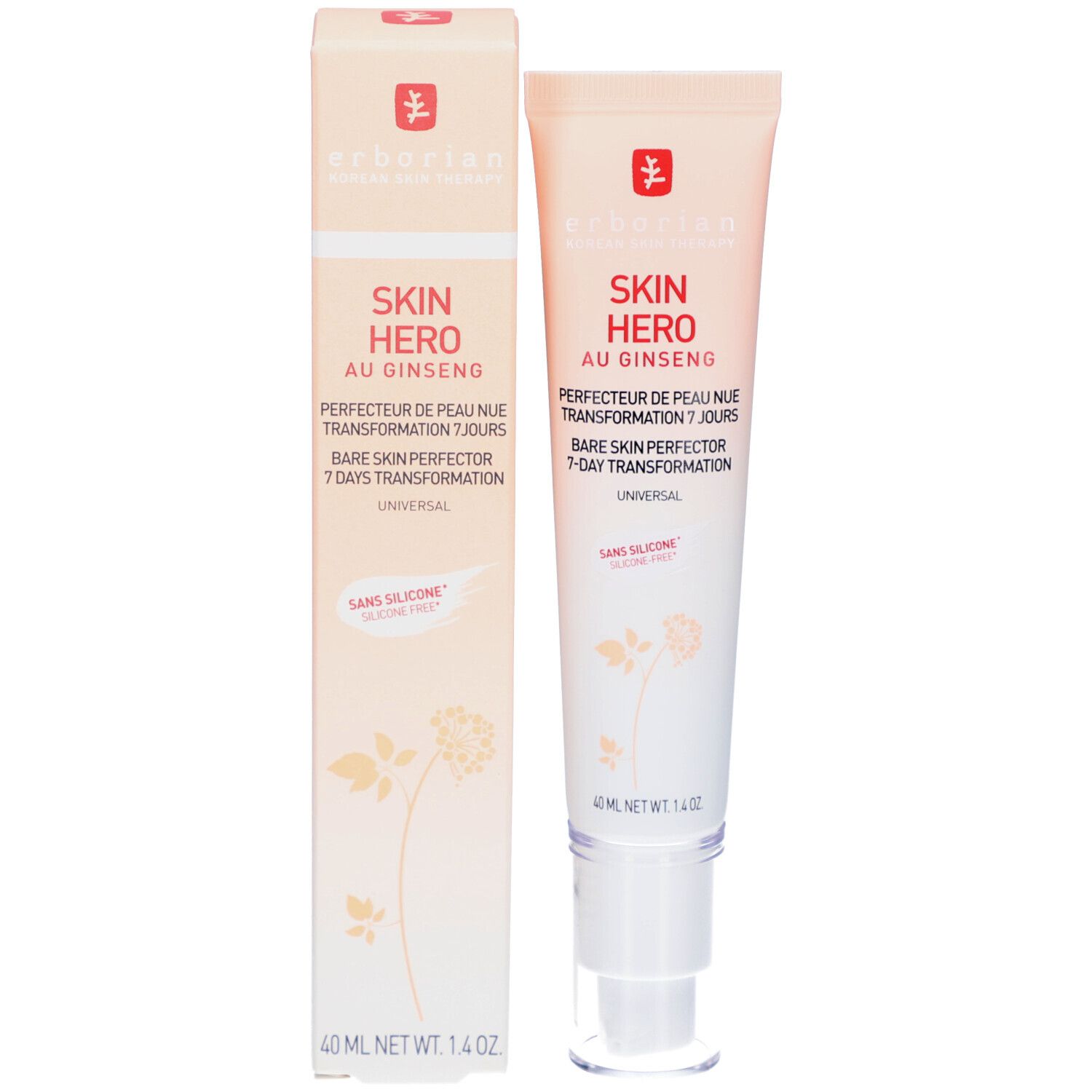 Tube et emballage de crème Skin Hero. Inscription Skin Hero Au Ginseng. Dégradé pêche et blanc.