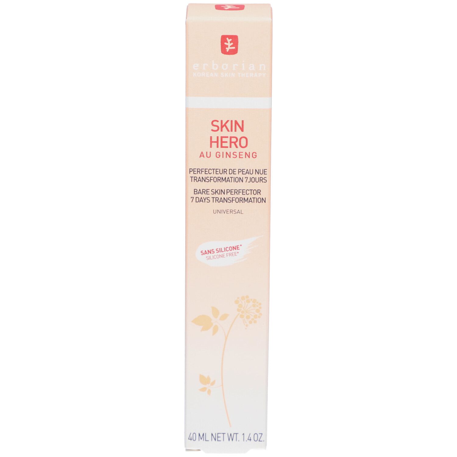 Emballage de la crème Skin Hero. Inscription Skin Hero Au Ginseng. Dégradé pêche et blanc.
