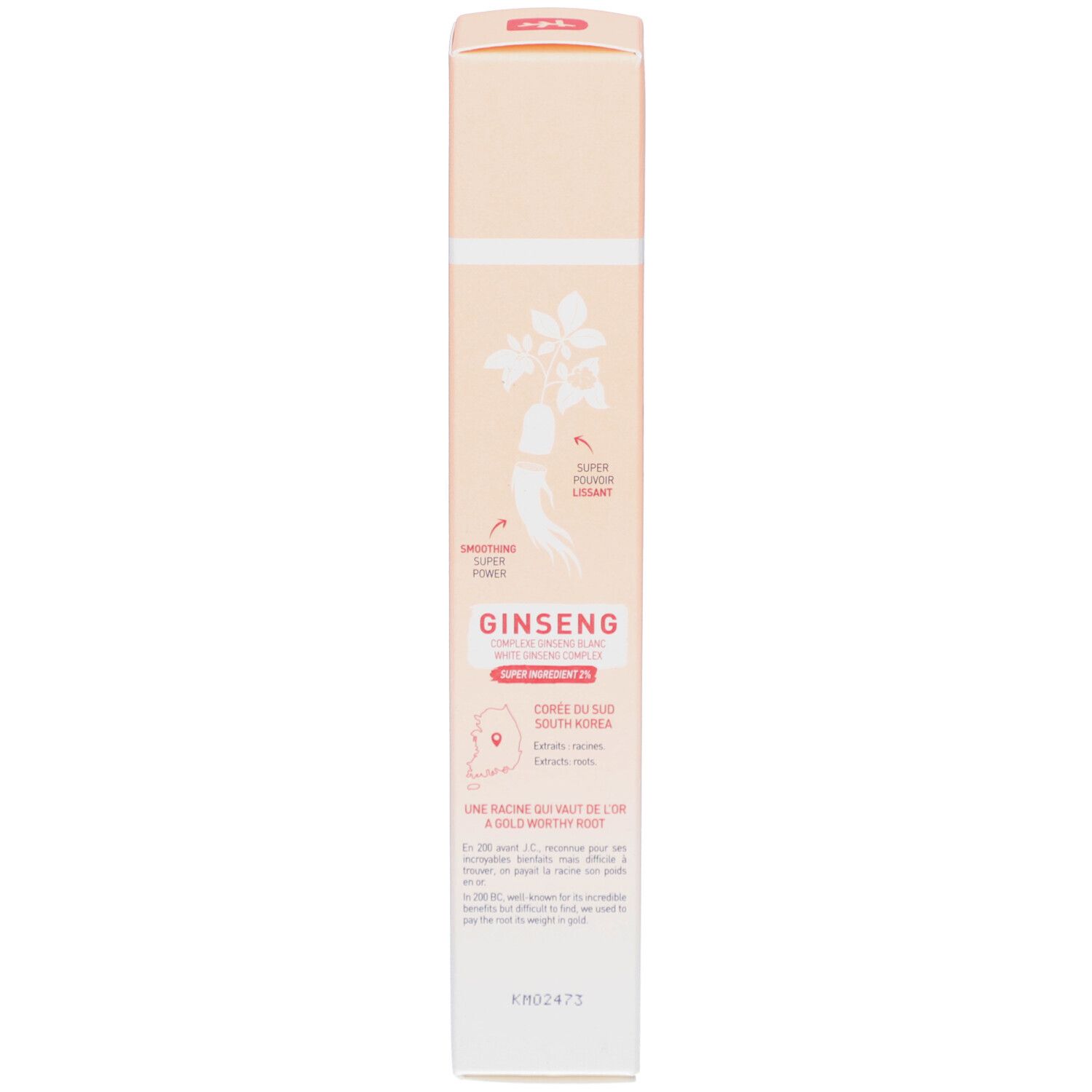 Emballage de la crème Skin Hero. Illustration de ginseng. Texte sur les effets du ginseng.