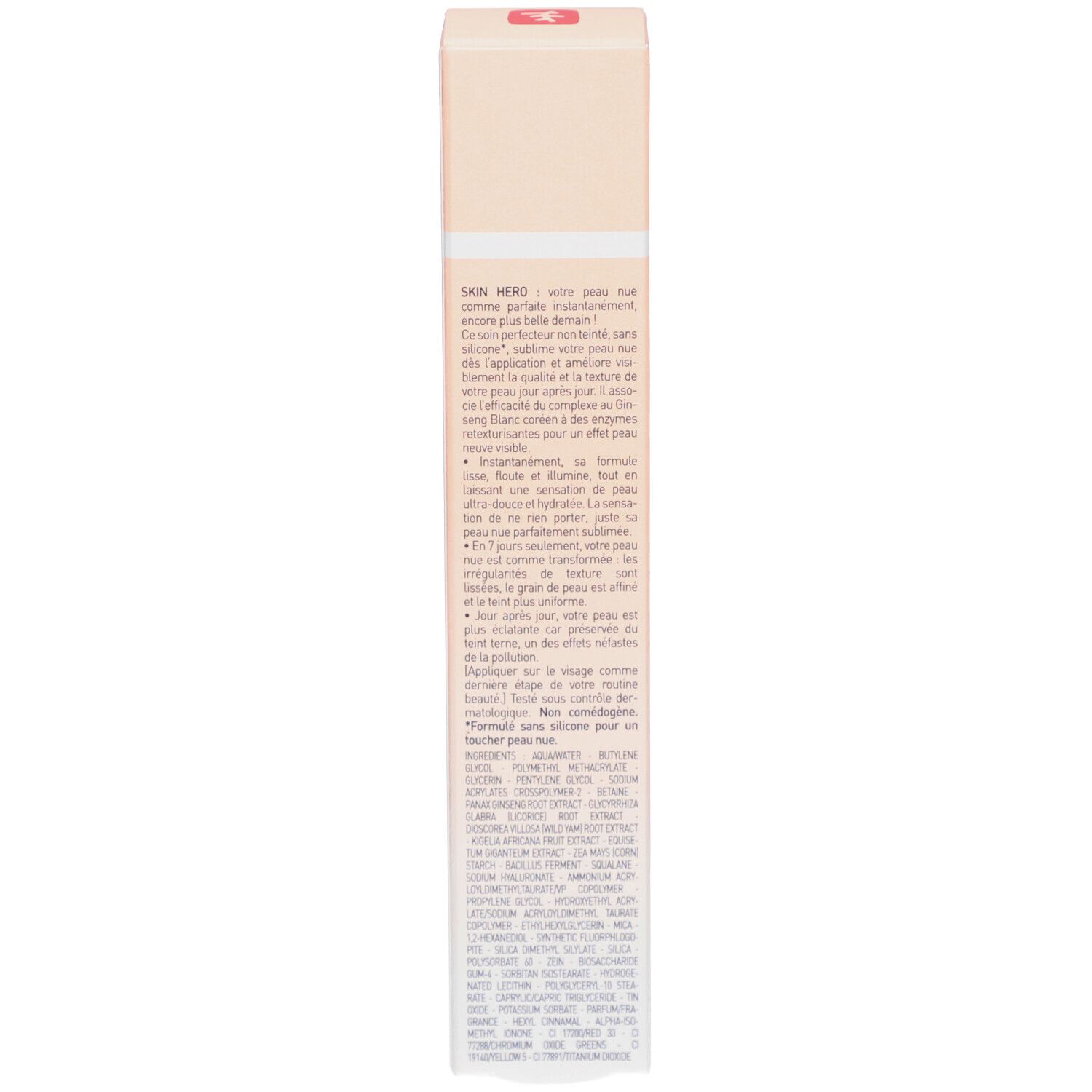 Emballage de la crème Skin Hero. Texte sur les ingrédients et les effets. Dos.