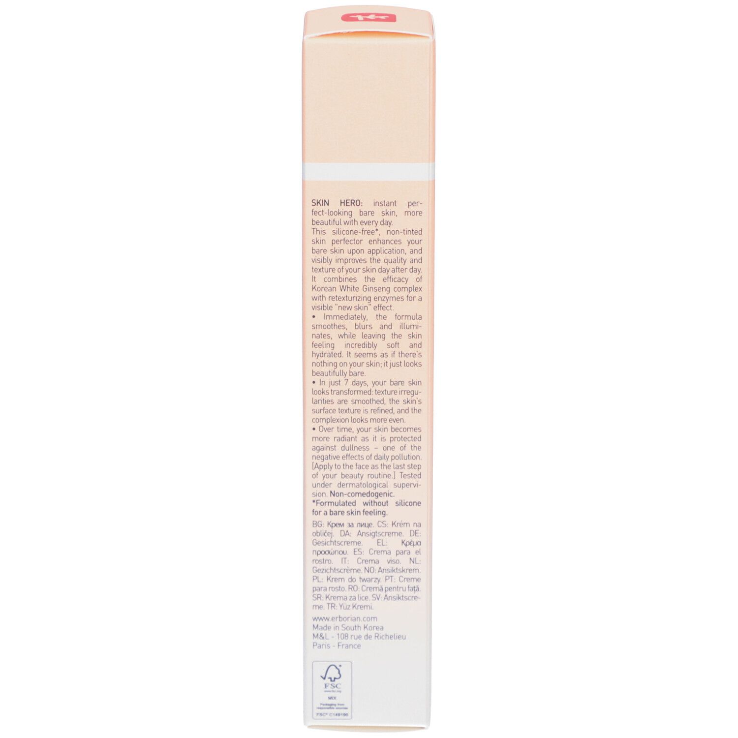 Emballage de la crème Skin Hero. Texte sur l'utilisation et les ingrédients. Dos.