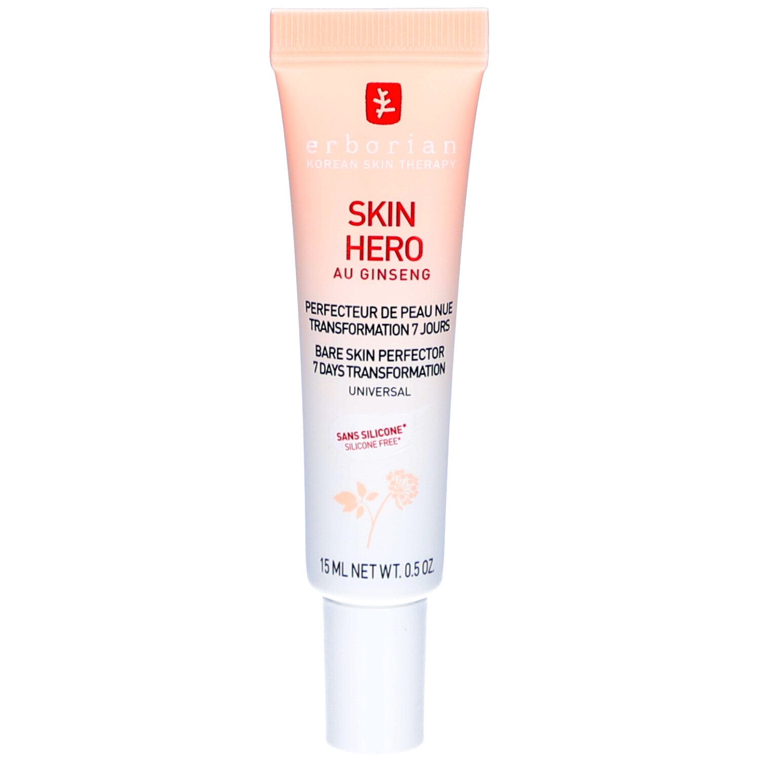 Tube de crème SKIN HERO au Ginseng. 15 ml. Dégradé pêche et blanc. Bouchon à vis blanc. Sans silicone.