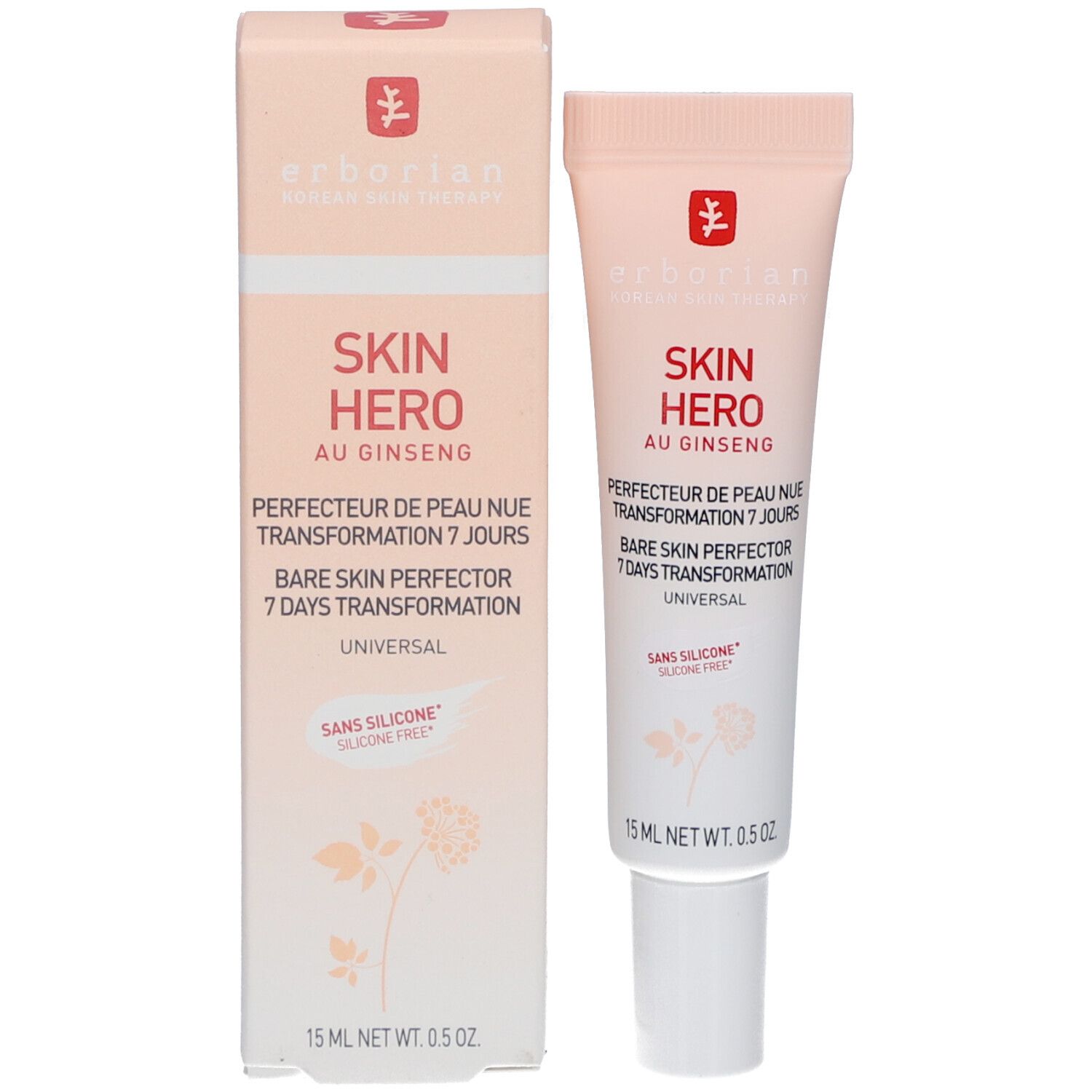 Produit SKIN HERO et emballage. Tube et boîte. Inscription SKIN HERO, Ginseng. 15 ml. Dégradé pêche et blanc.