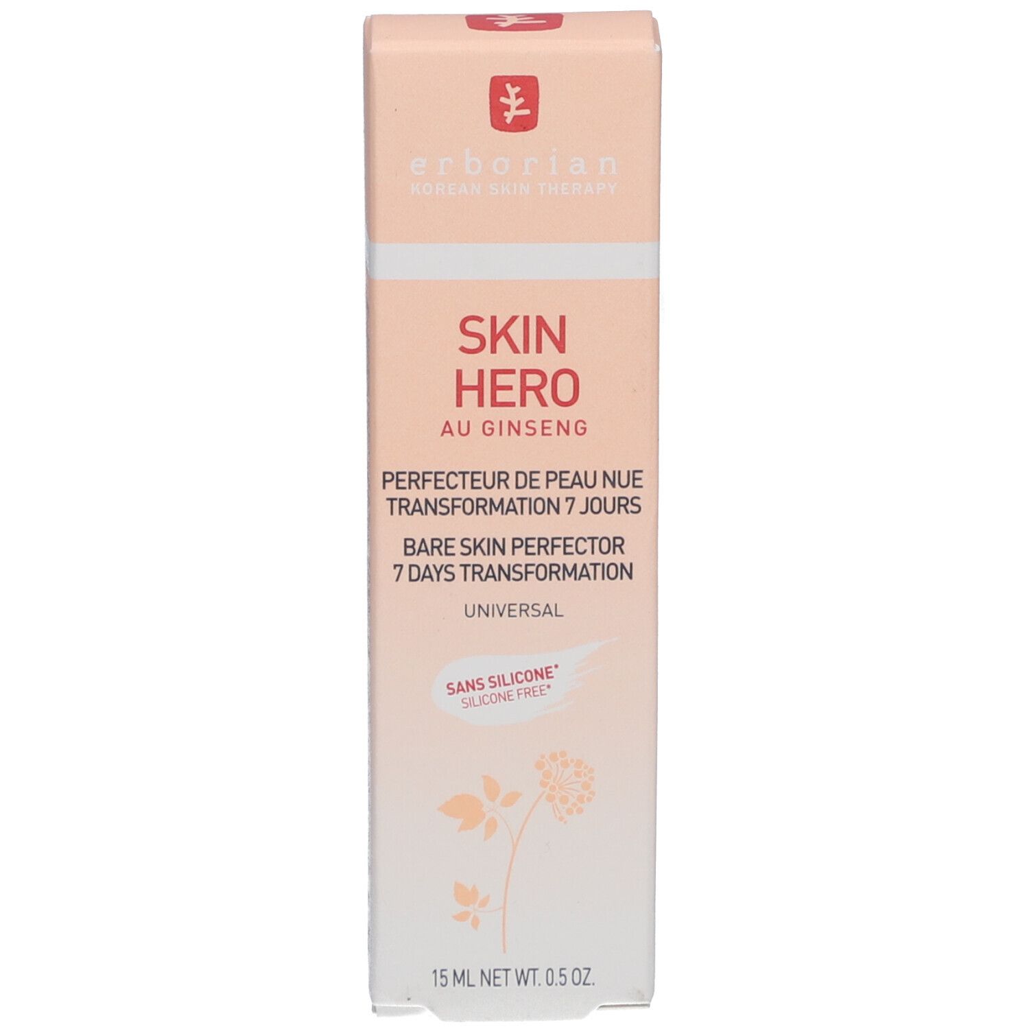 Boîte SKIN HERO. Inscription SKIN HERO, Ginseng. 15 ml. Dégradé pêche et blanc. Sans silicone.