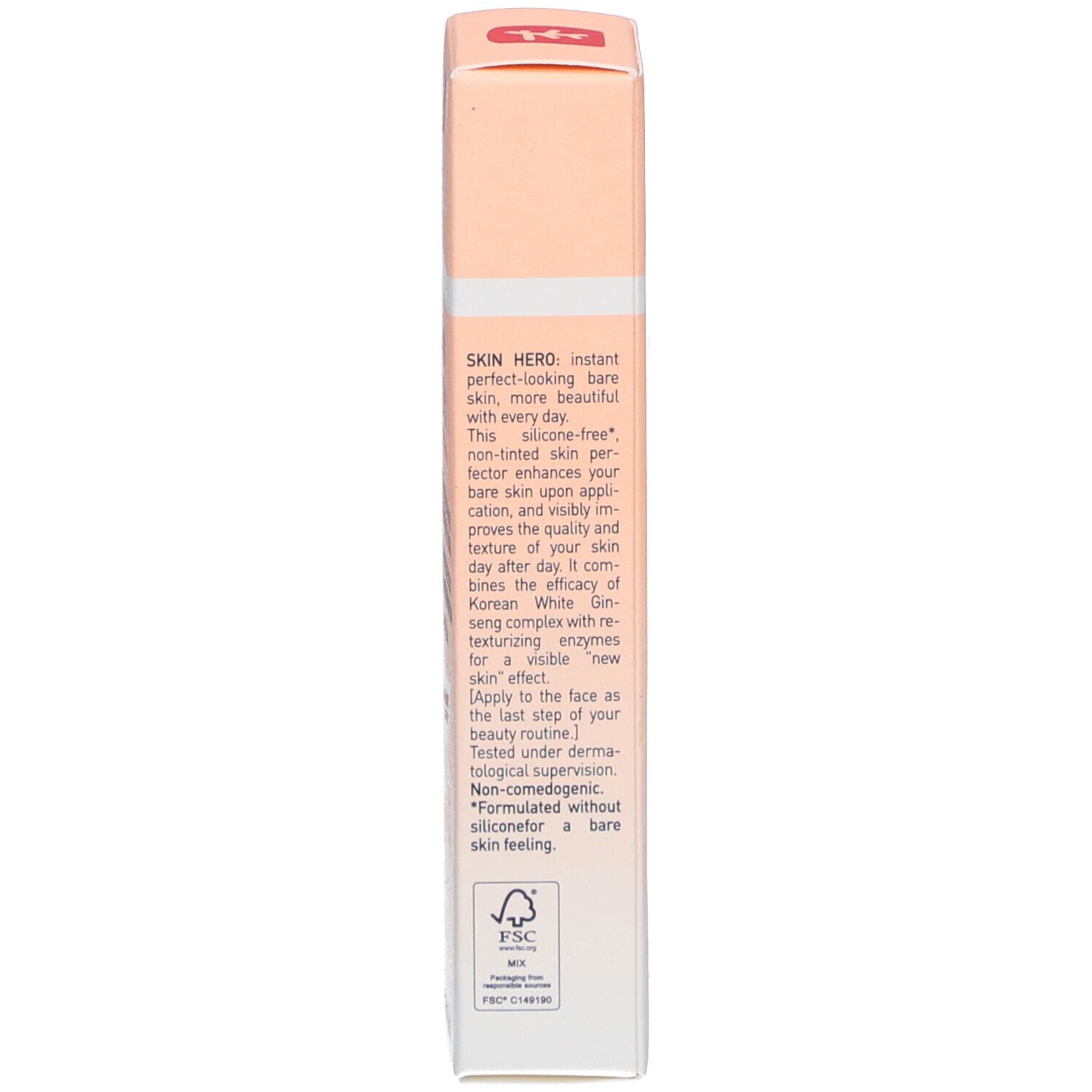 Côté de la boîte. Texte en anglais. Informations sur le produit. Logo FSC. Dégradé pêche et blanc.