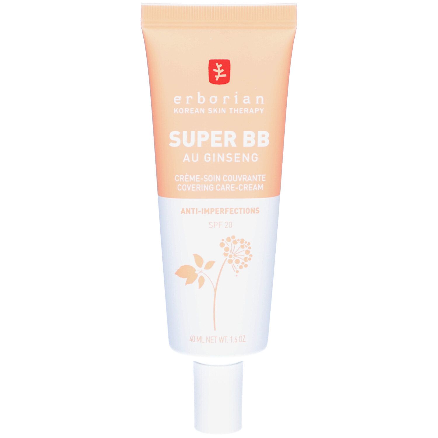Tube de crème SUPER BB AU GINSENG, SPF 20, teinte Clair. Marque Erborian. Tube beige et blanc avec bouchon blanc.