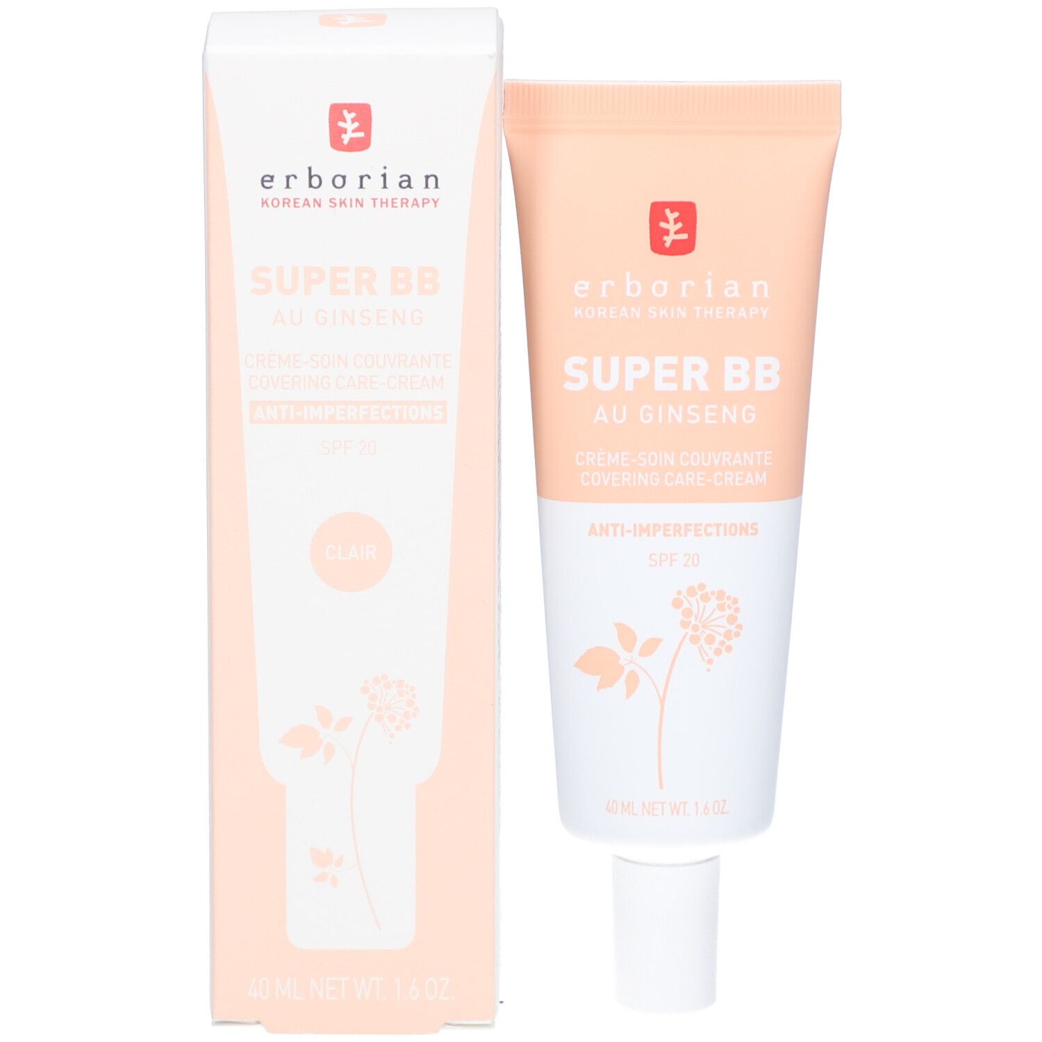 Emballage du produit avec tube de crème SUPER BB AU GINSENG et boîte. Inscription : Clair. Marque : Erborian. SPF 20.