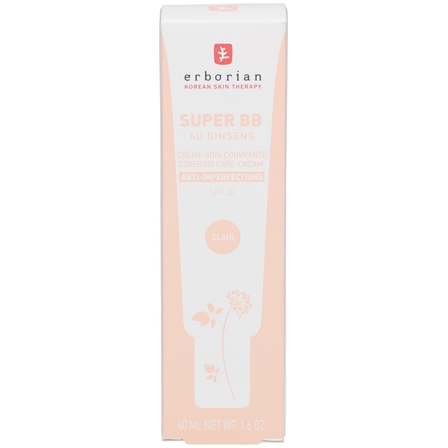 Emballage en carton pour SUPER BB AU GINSENG. Inscription : Clair. Marque : Erborian. SPF 20. Beige et blanc.