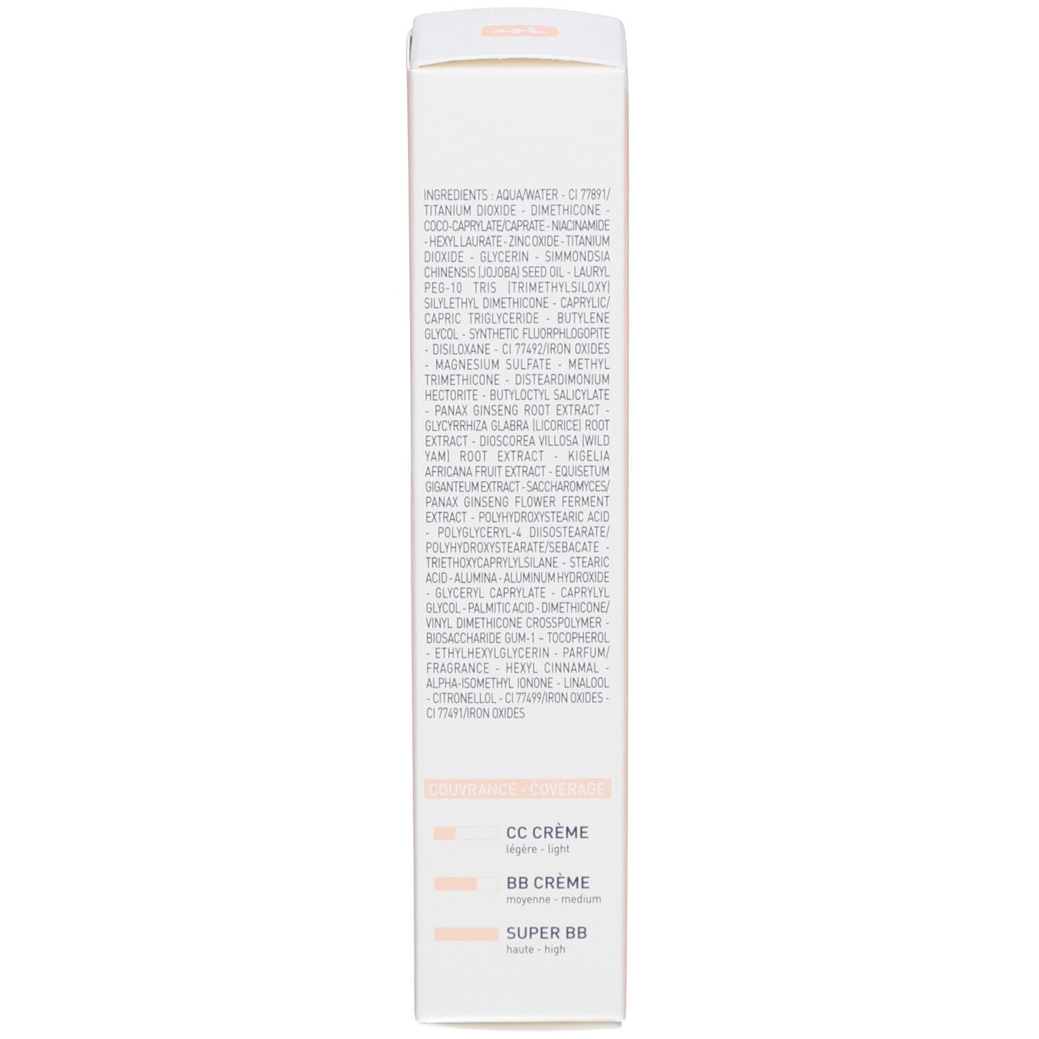 Dos de l'emballage en carton. Liste des ingrédients. Comparaison des couleurs pour CC Crème, BB Crème et SUPER BB.