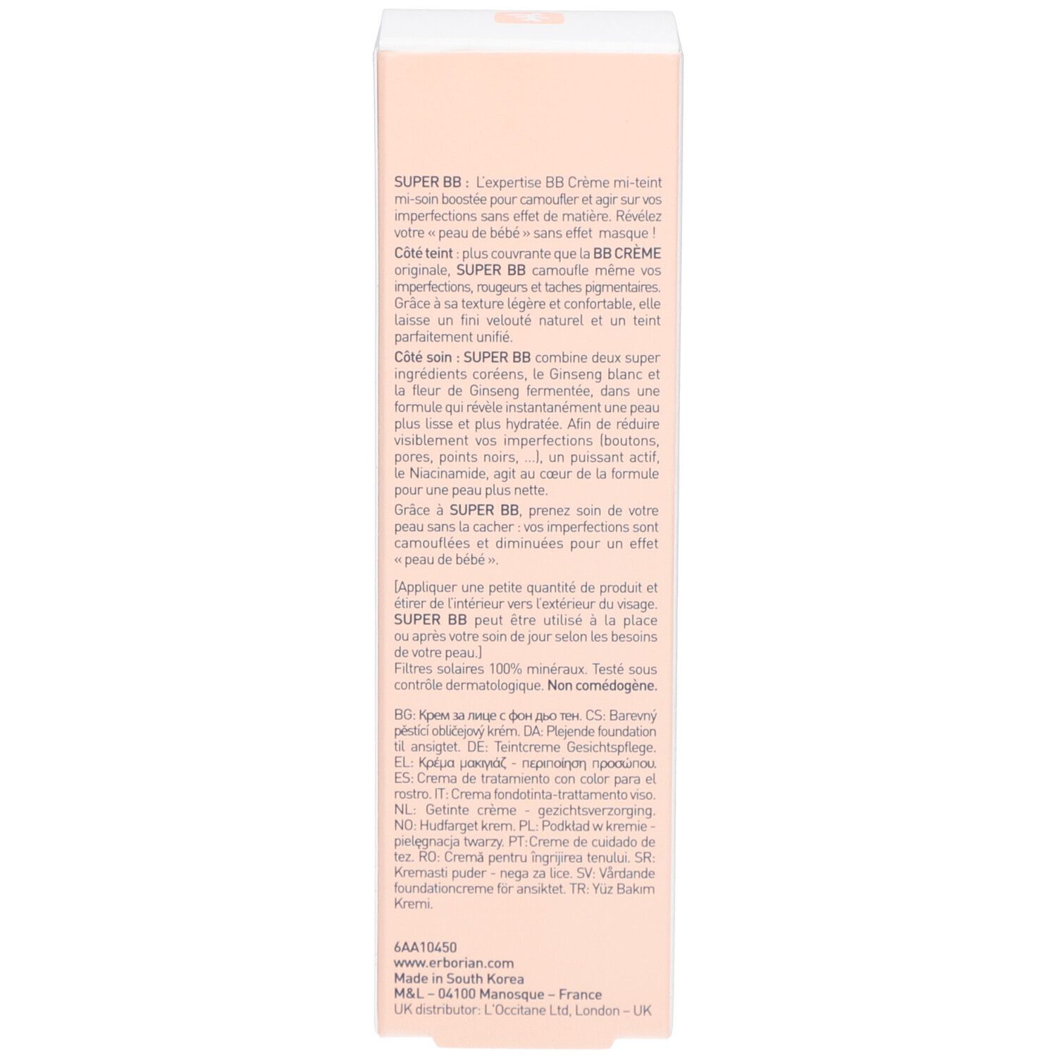 Côté de l'emballage en carton. Texte en français. Informations sur l'utilisation et les ingrédients. Marque : Erborian.